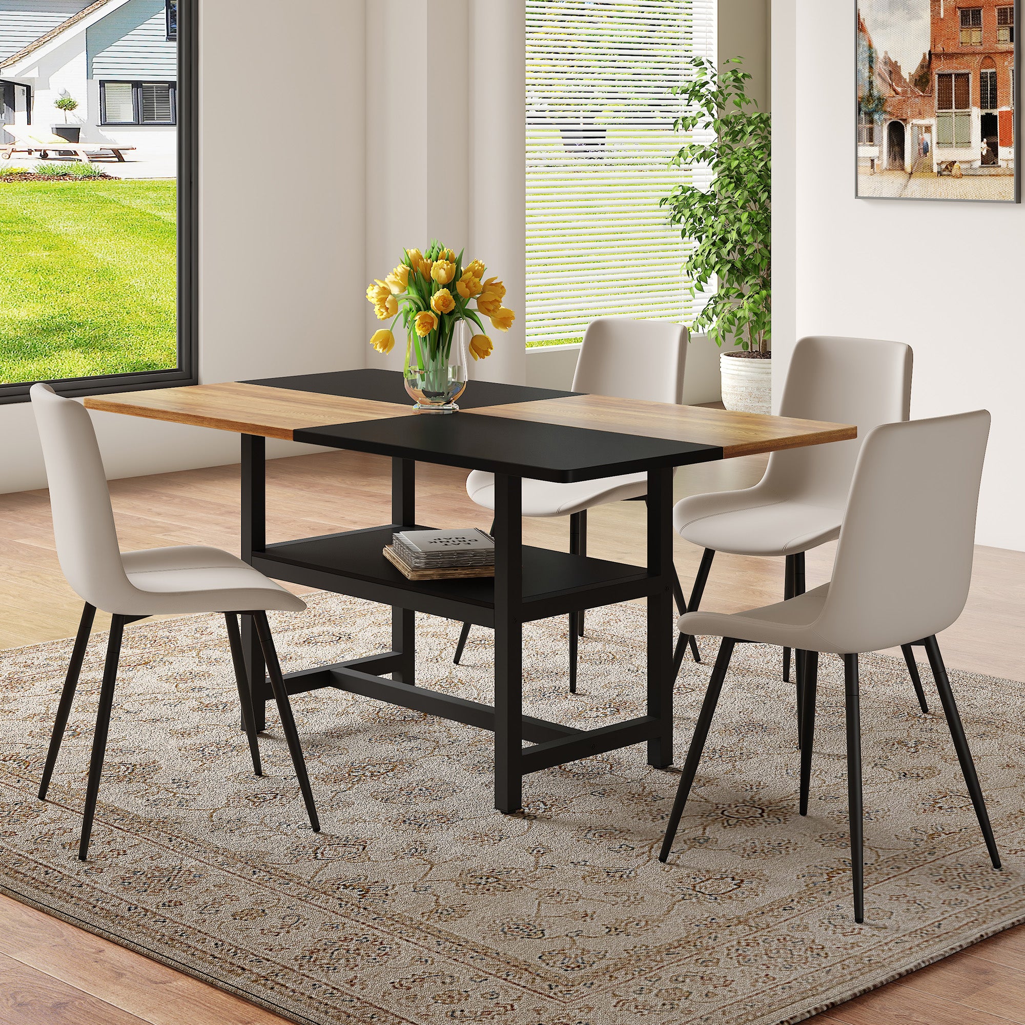 160 cm Rectangular Dining Table Set, Storage & 4 Chairs with Widened Cushions, Warm Grey PU Material