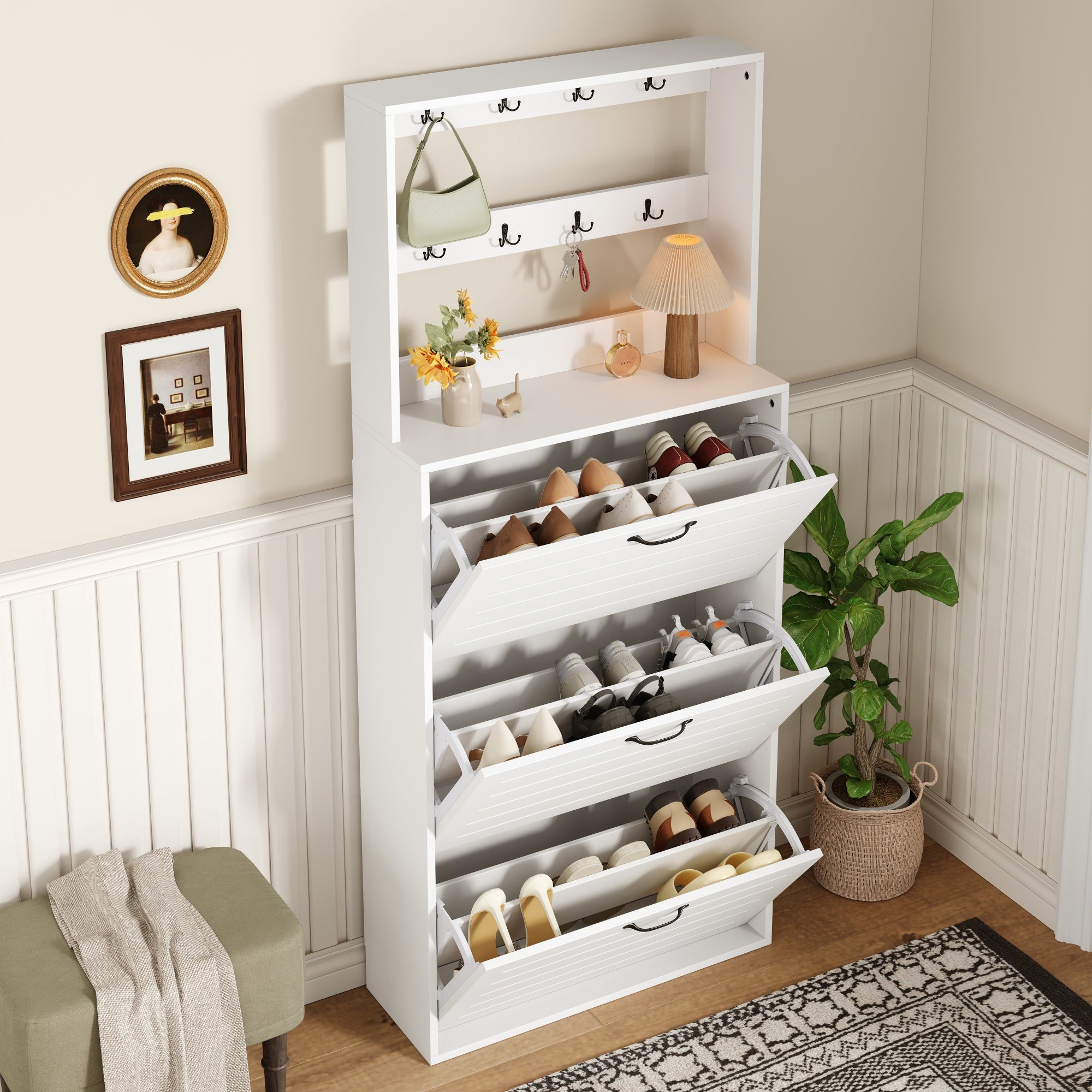 Shoe Cabinet with 3 Doors, Hooks, 15 Pairs Capacity