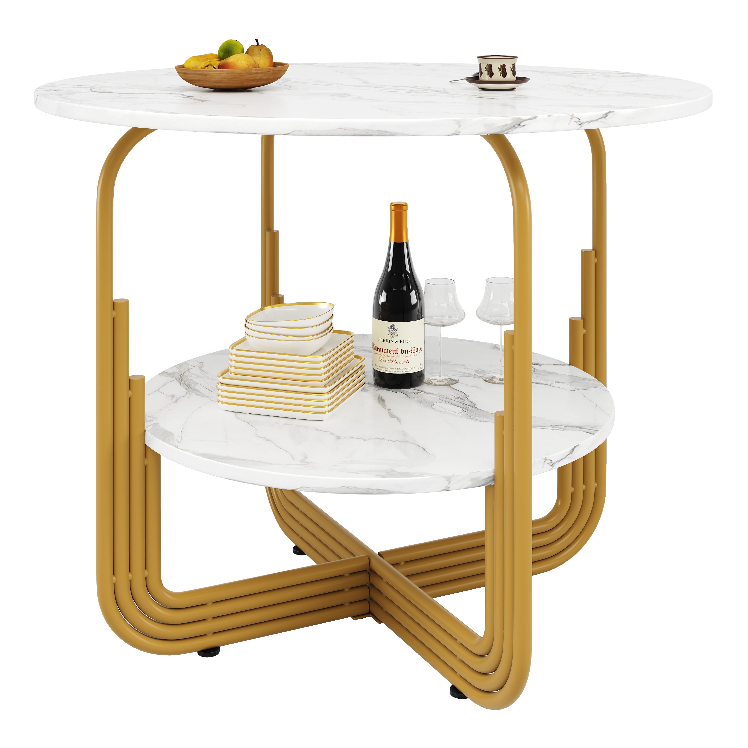 Round Dining Table 80x80x76cm 4-Person Storage Shelf MDF Marble Top