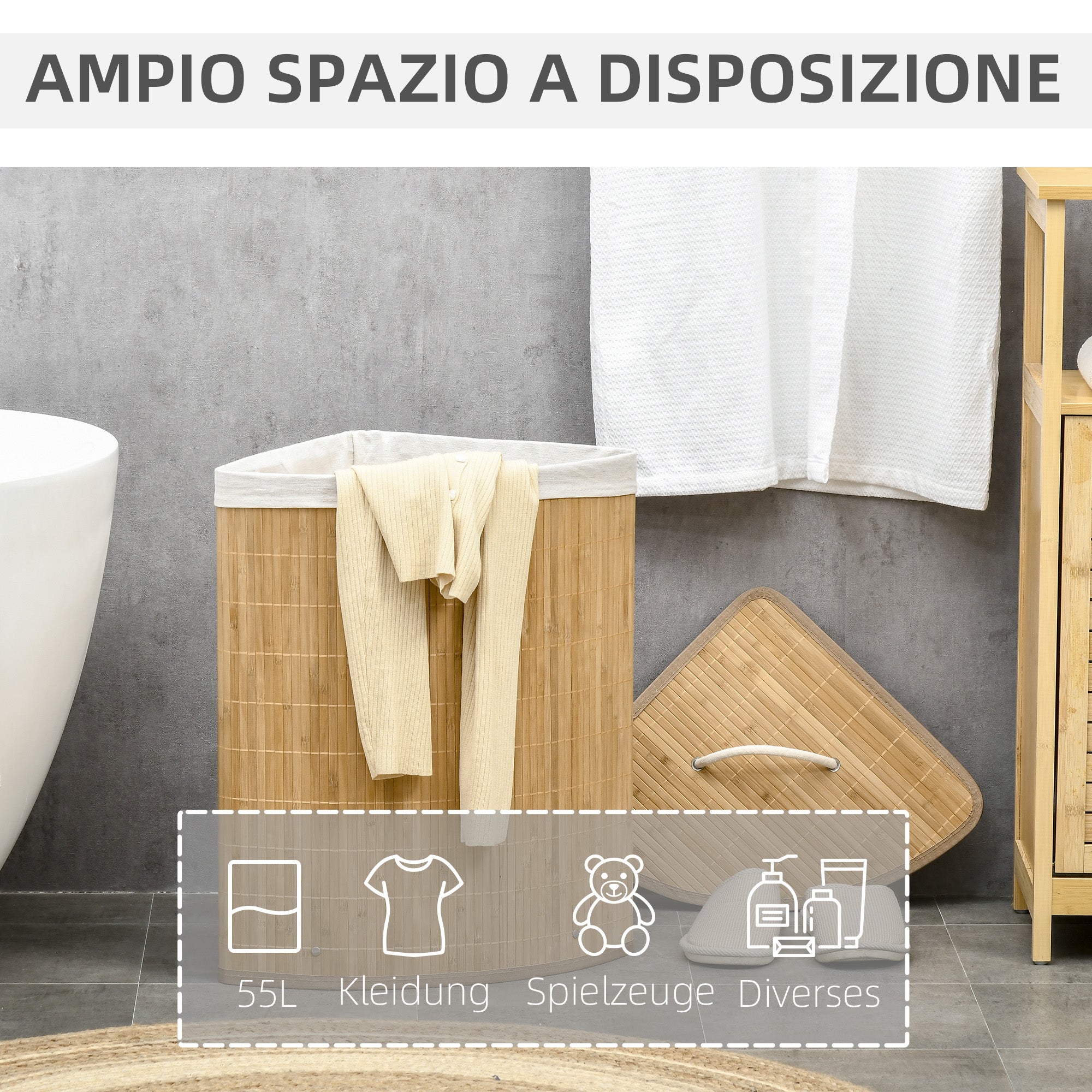 Bamboo Laundry Basket, Corner 55L with Lid, Natural Wood and White