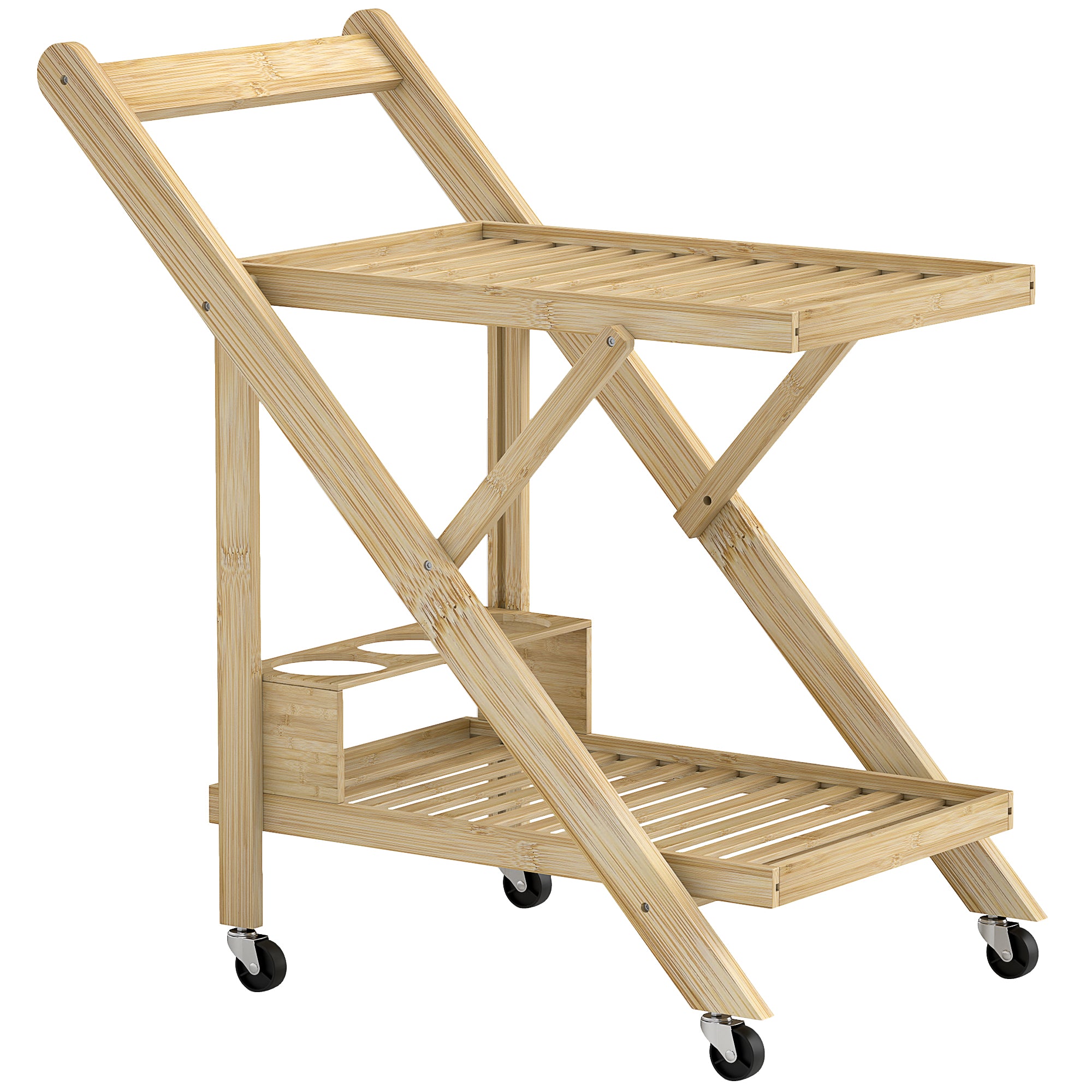 Kitchen Cart with Wine Rack, 2-Level Rolling, Bamboo Natural