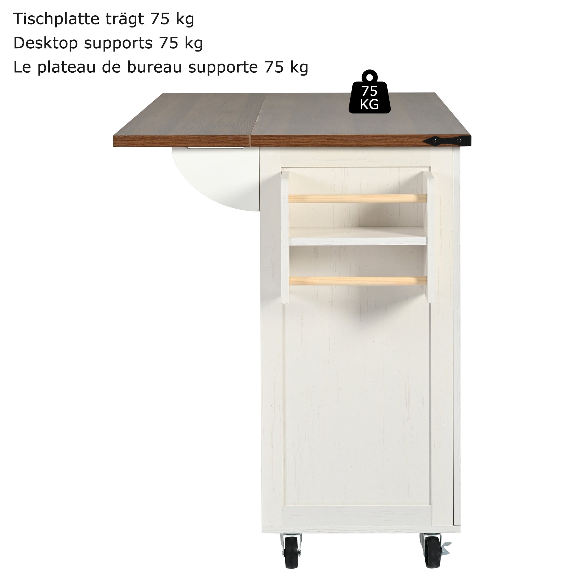 Kitchen Island Serving Trolley, Pull-Out Worktop Storage with 4 Doors and 2 Drawers, Wood Grain