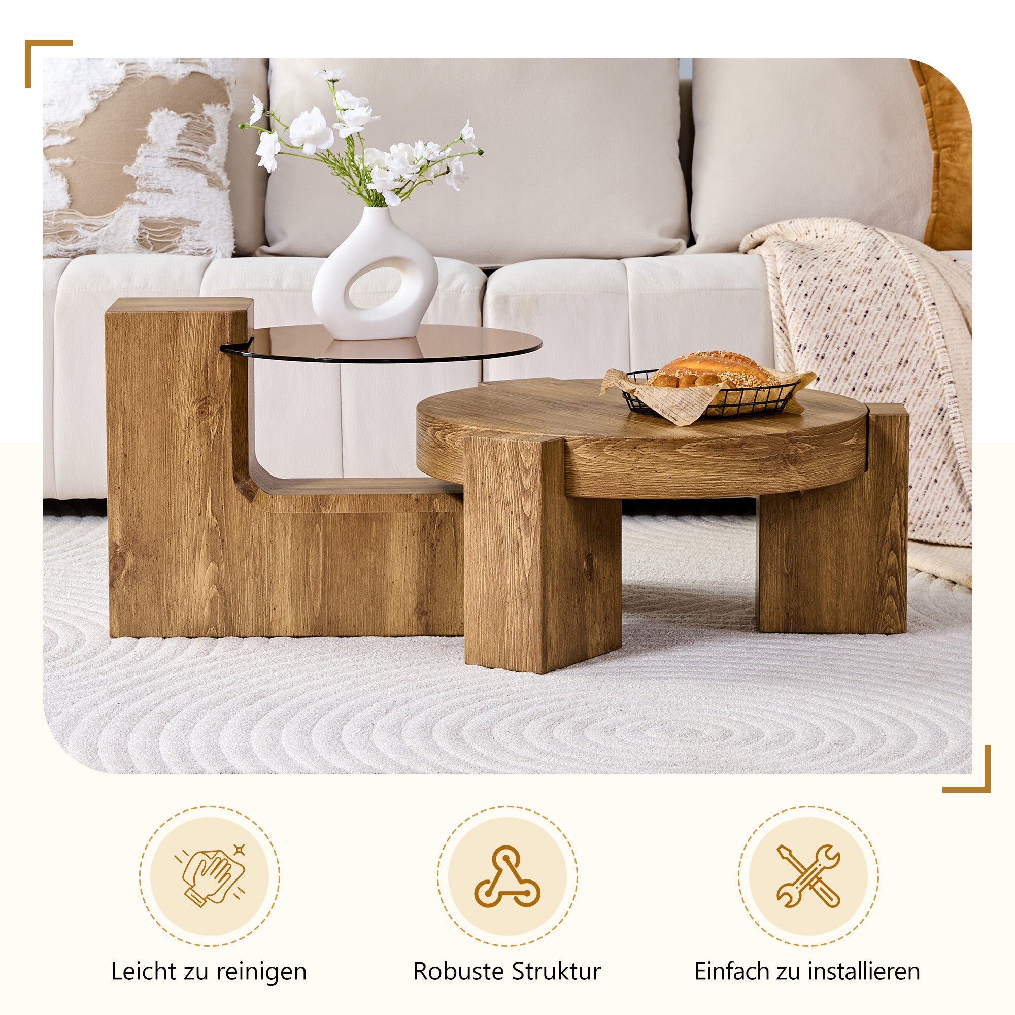 Separable Coffee Table Set MDF Wood Look Safety Glass - Brown Tinted