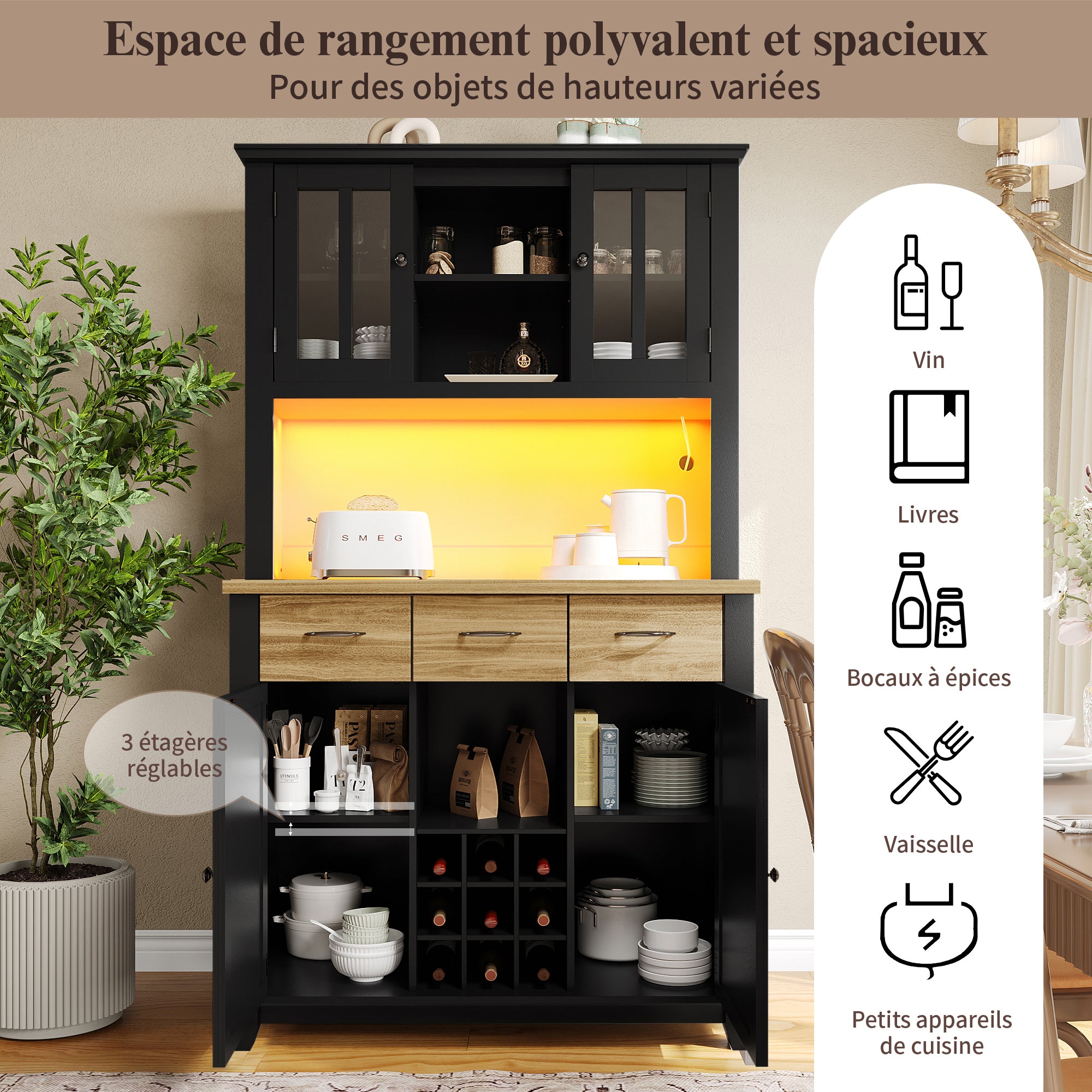 Kitchen Tall Cabinet 106cm Adjustable Shelves LED - Wood Drawers