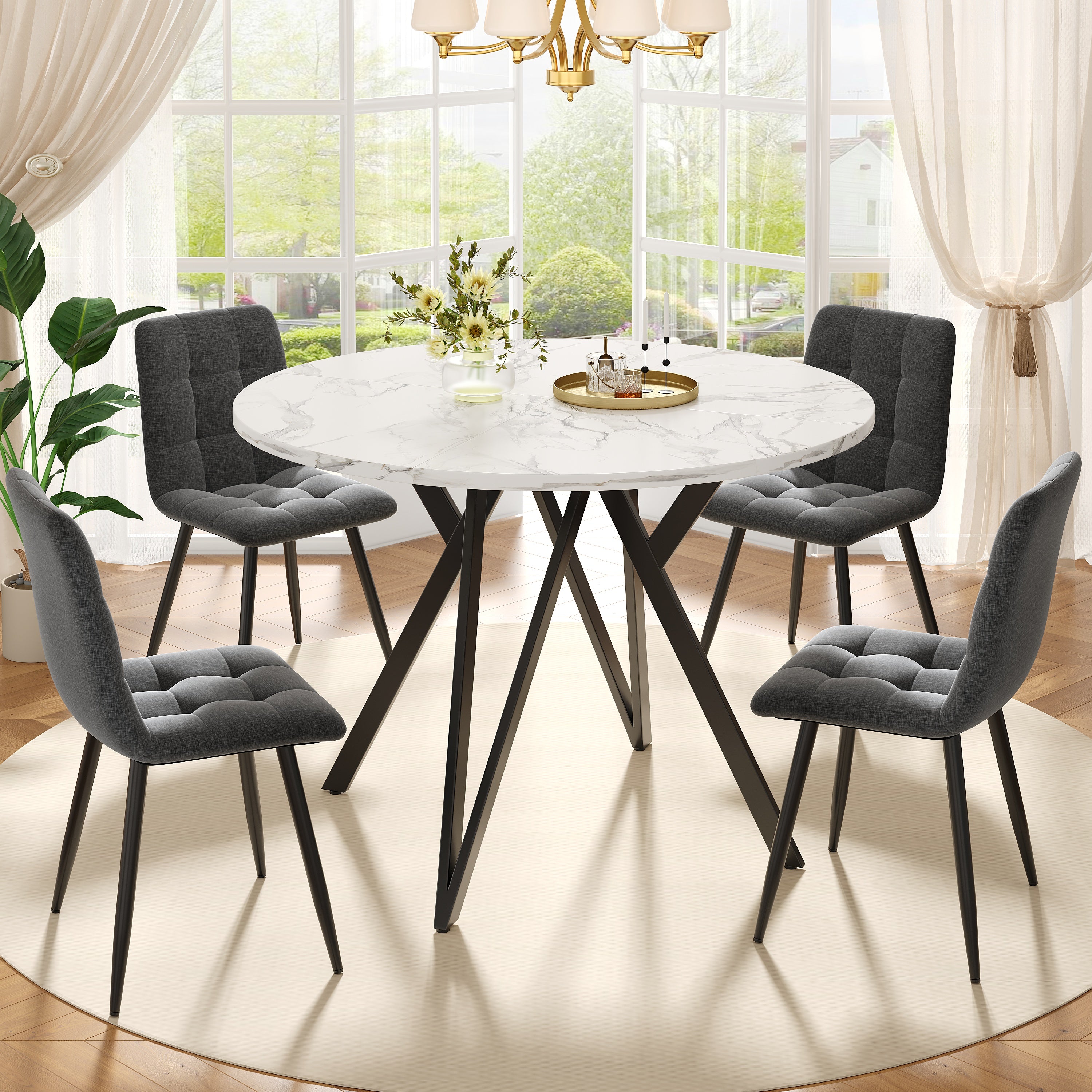 Round Dining Table 100x100cm 4-Seater Metal Legs MDF Marble Top - Black