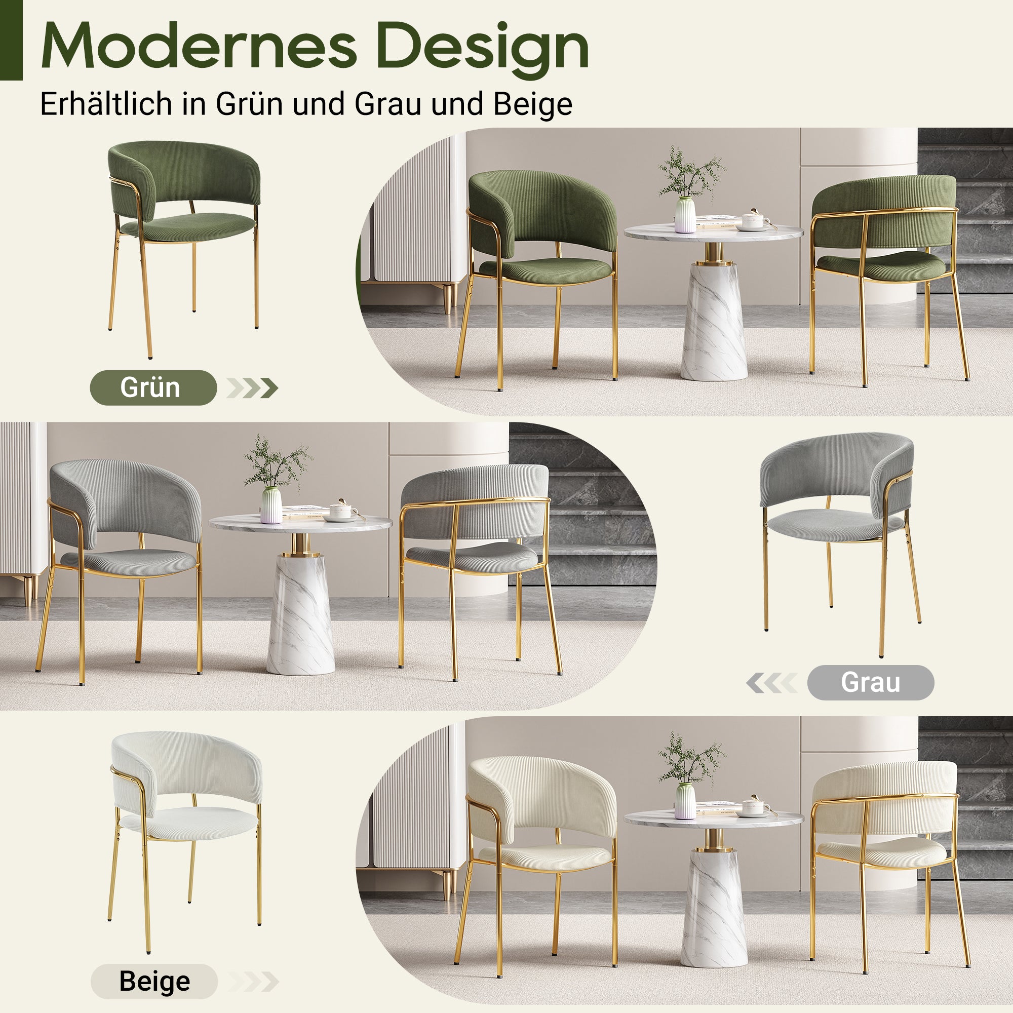 6 Modern Chairs, Angled Legs & Adjustable Feet, Corduroy Fabric Beige