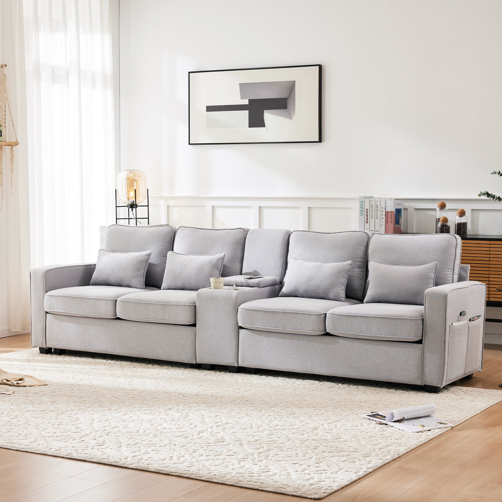 Sofa, 4-Seater with Console, Cupholders, USB, Linen Fabric
