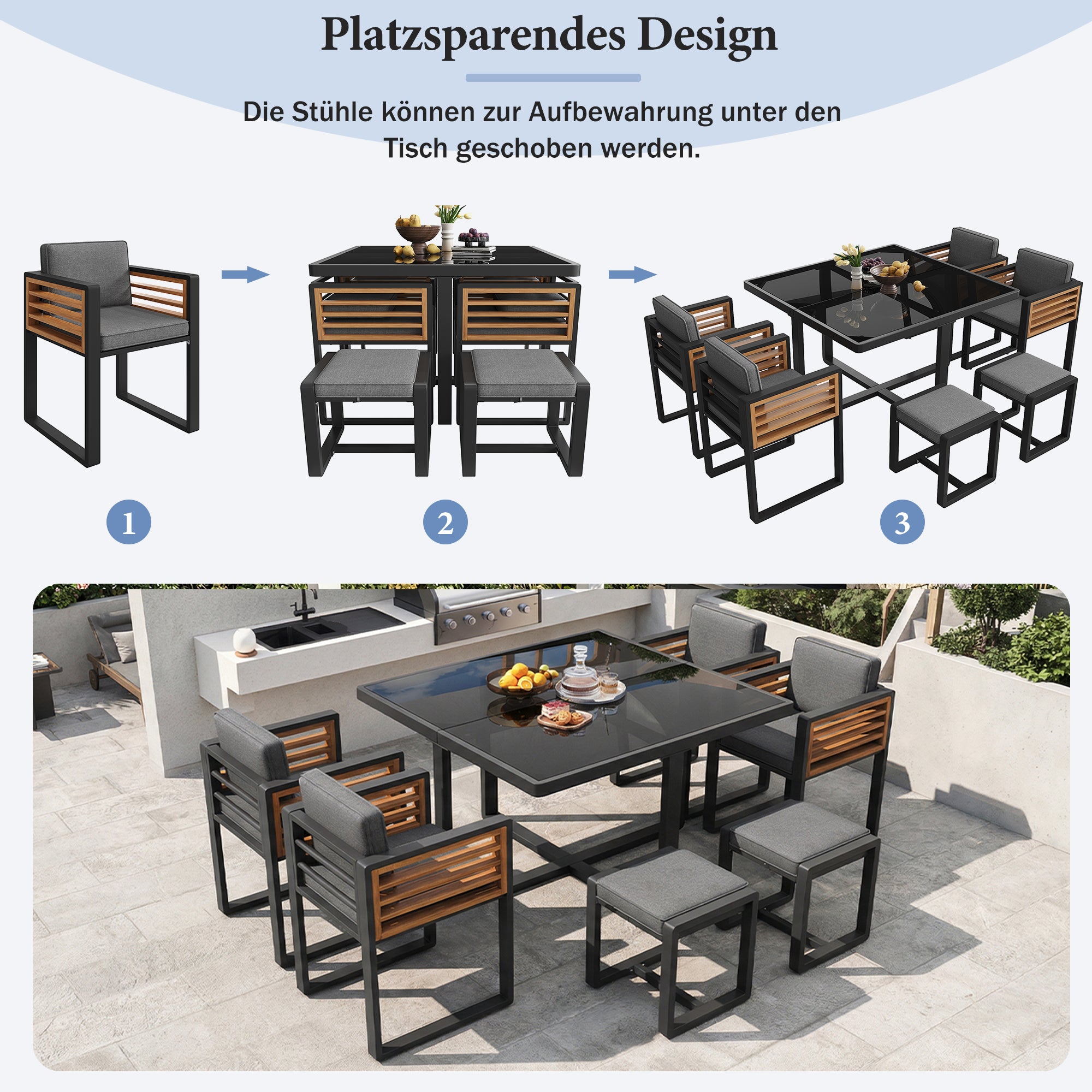 Garden Furniture Set with 6 Chairs and Table, Glass Tabletop