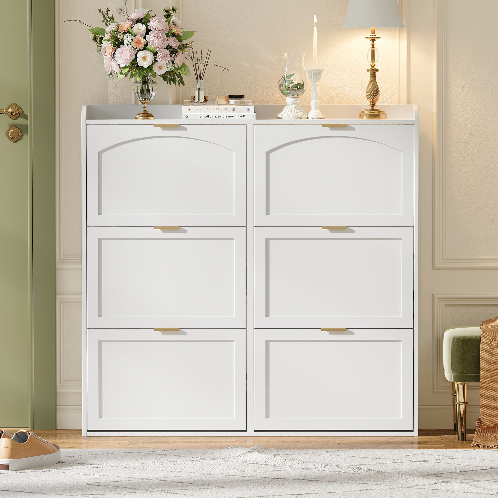 Space-Saving Tall Shoe Cabinet 6 Drop-Down Compartments Freestanding White
