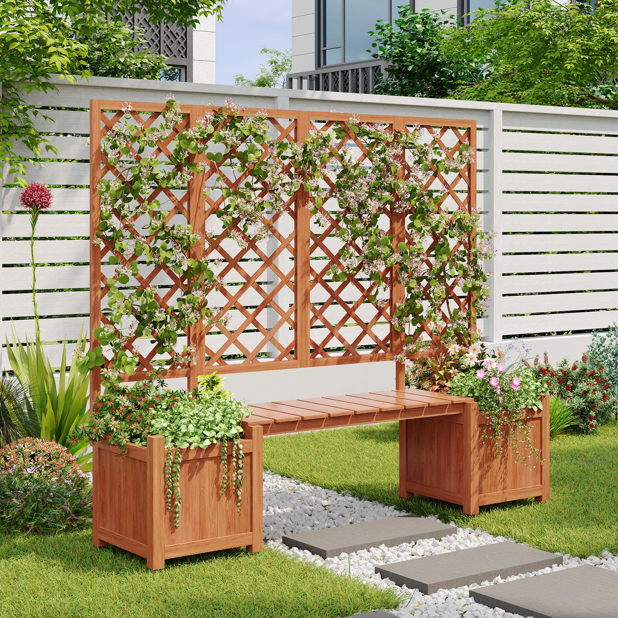 Planter with Trellis, Seat & Flower Box, Brown Solid Fir Wood