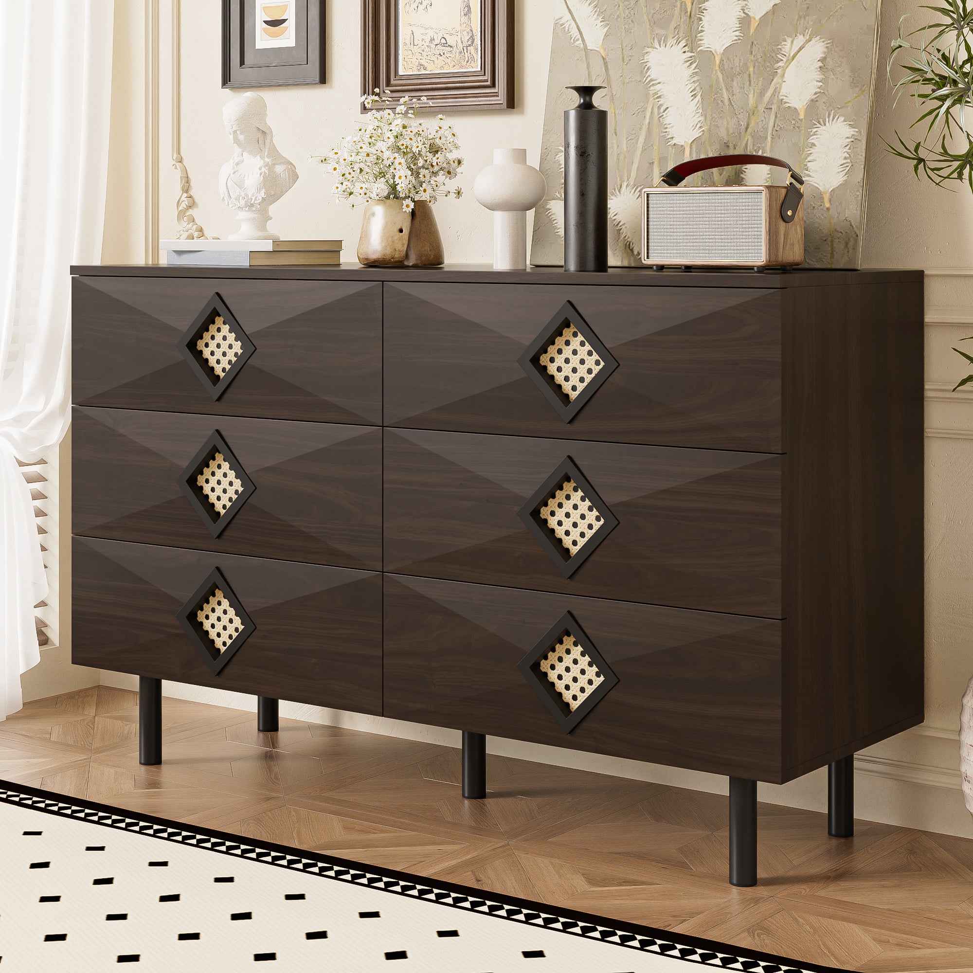 Dressing Table, 6-Drawer with Rattan Handle, Elegant for Bedroom & Living Room