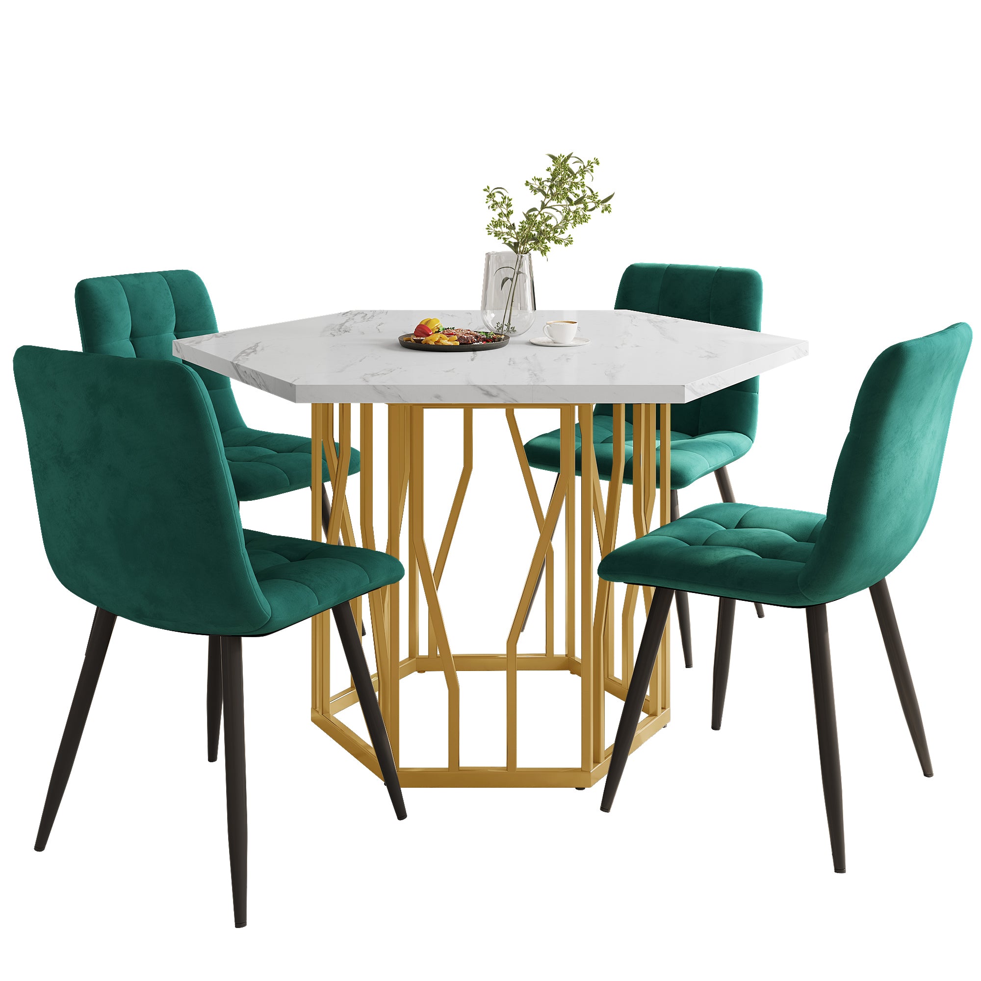 Dining Set (5-Piece) Modern Hexagonal Marble Table 4 Green Velvet Chairs Gold Legs