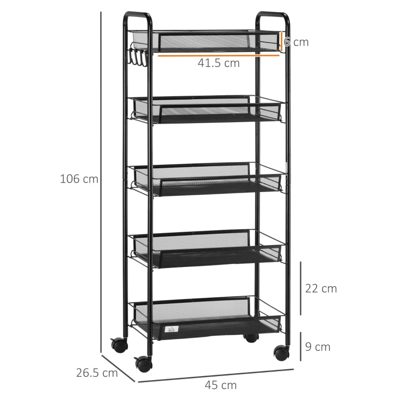 Steel Mesh Basket Storage Trolley, Five-Tier with Wheels - Black