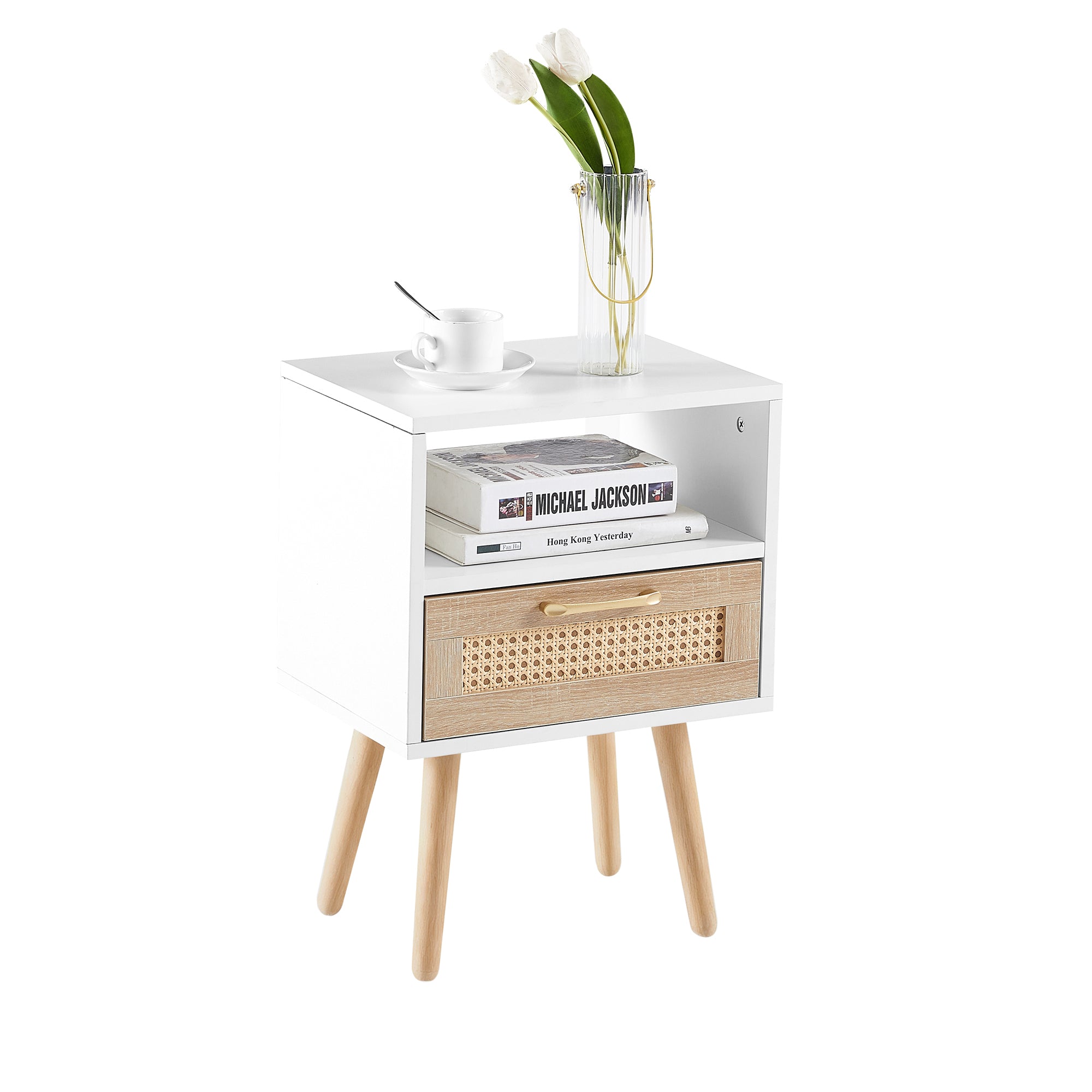 Rattan Side Table with Drawer and Solid Wood Legs, White
