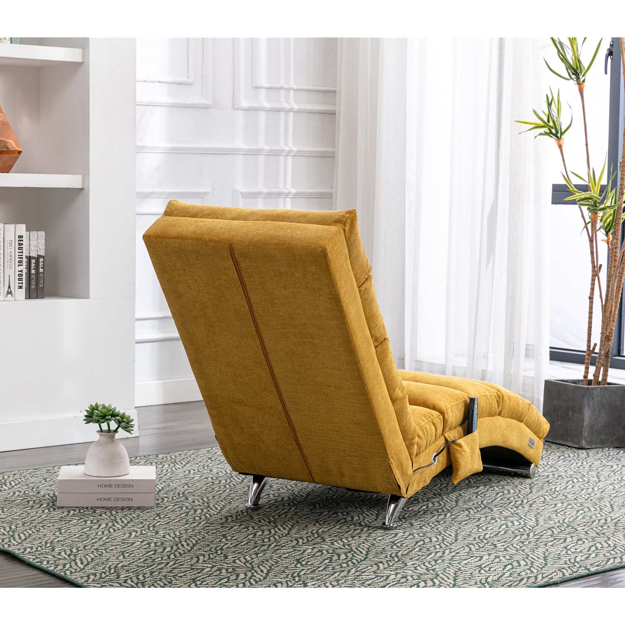 GOMYWAY Chaise Lounge Fixed Recliner Sofa with Vibration and Side Pocket, Linen