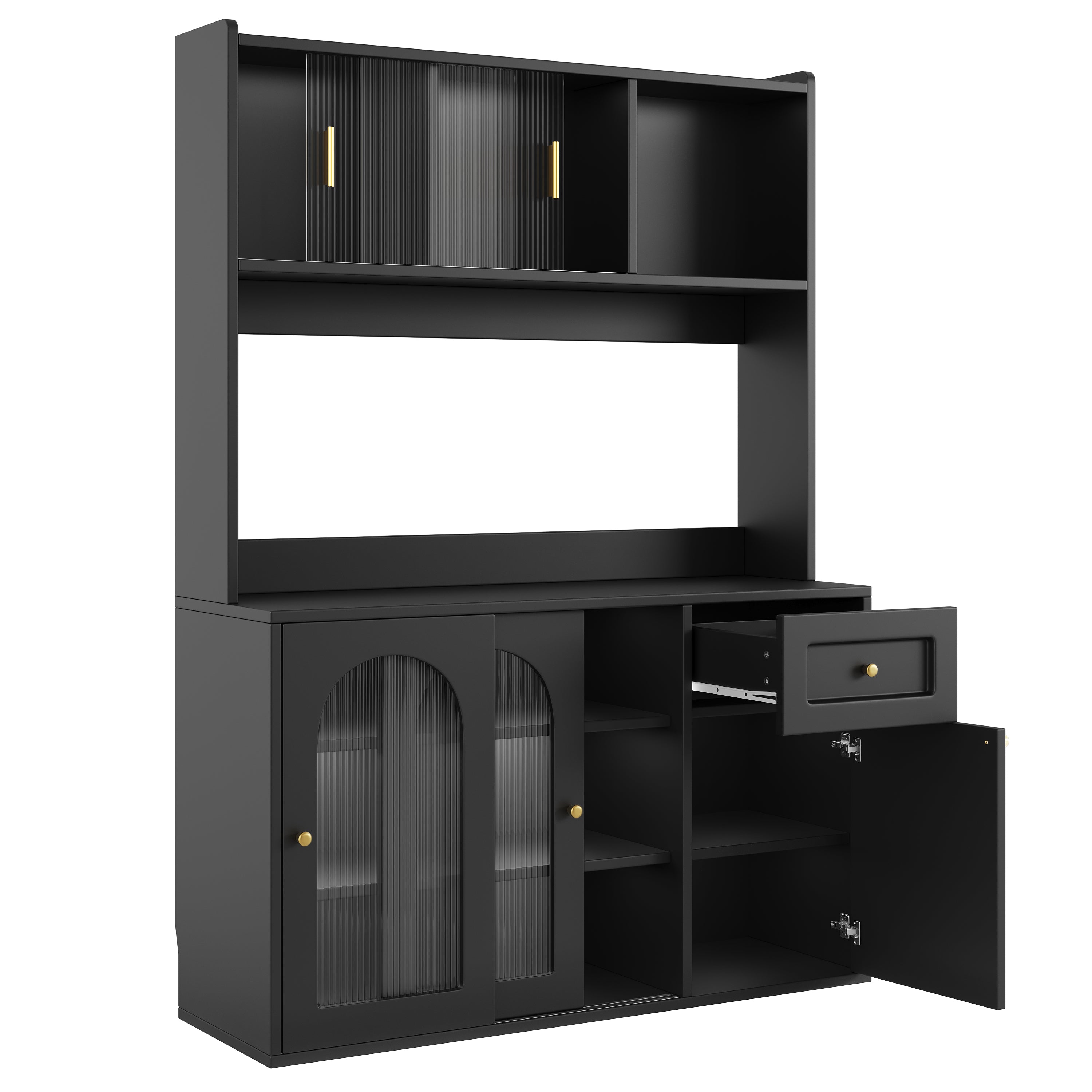 Tall Cabinet Buffet Display with Adjustable Shelves LED Lighting Black