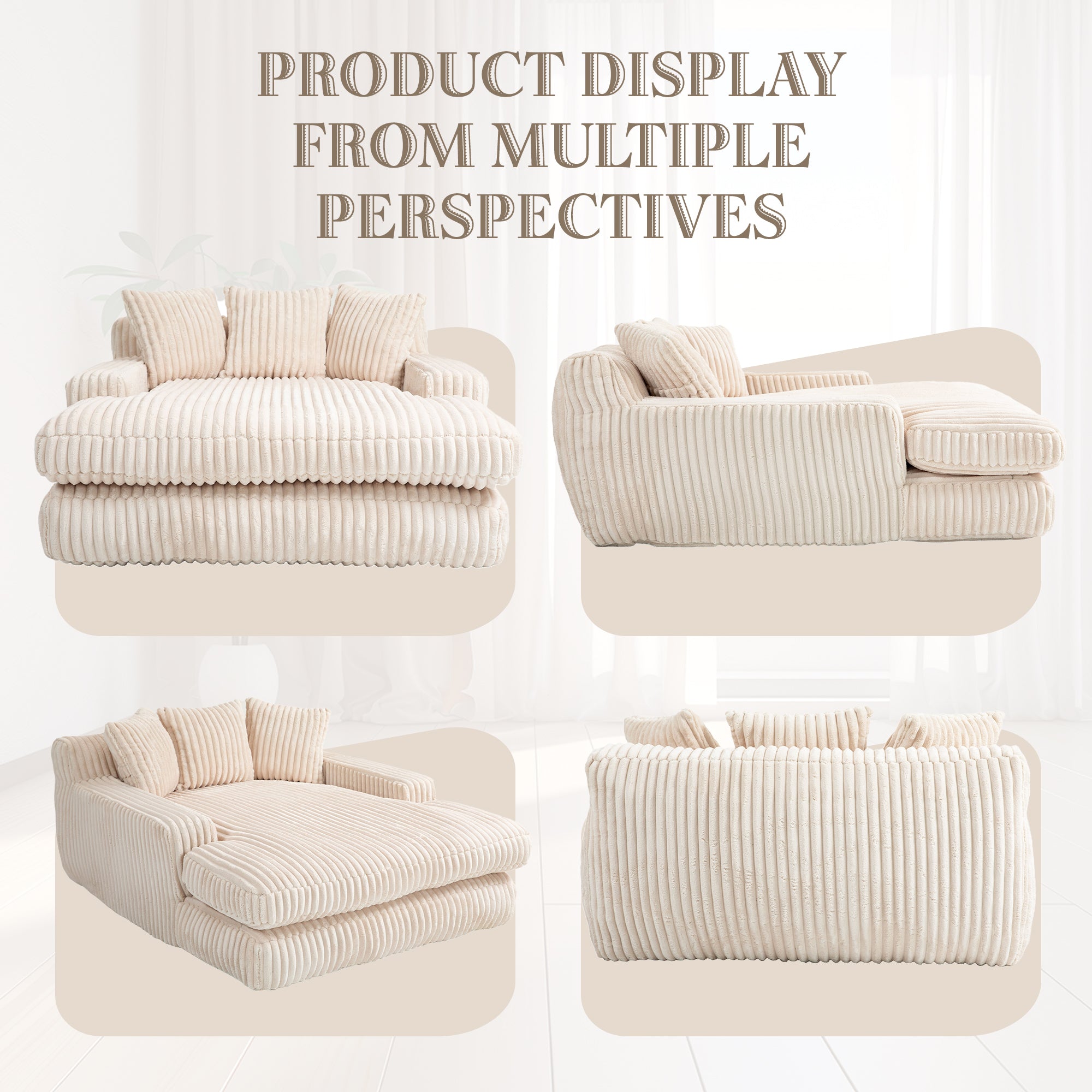 GOMYWAY Oversized Chaise Lounge Sofa Upholstered with 3 Throw Pillows, Beige