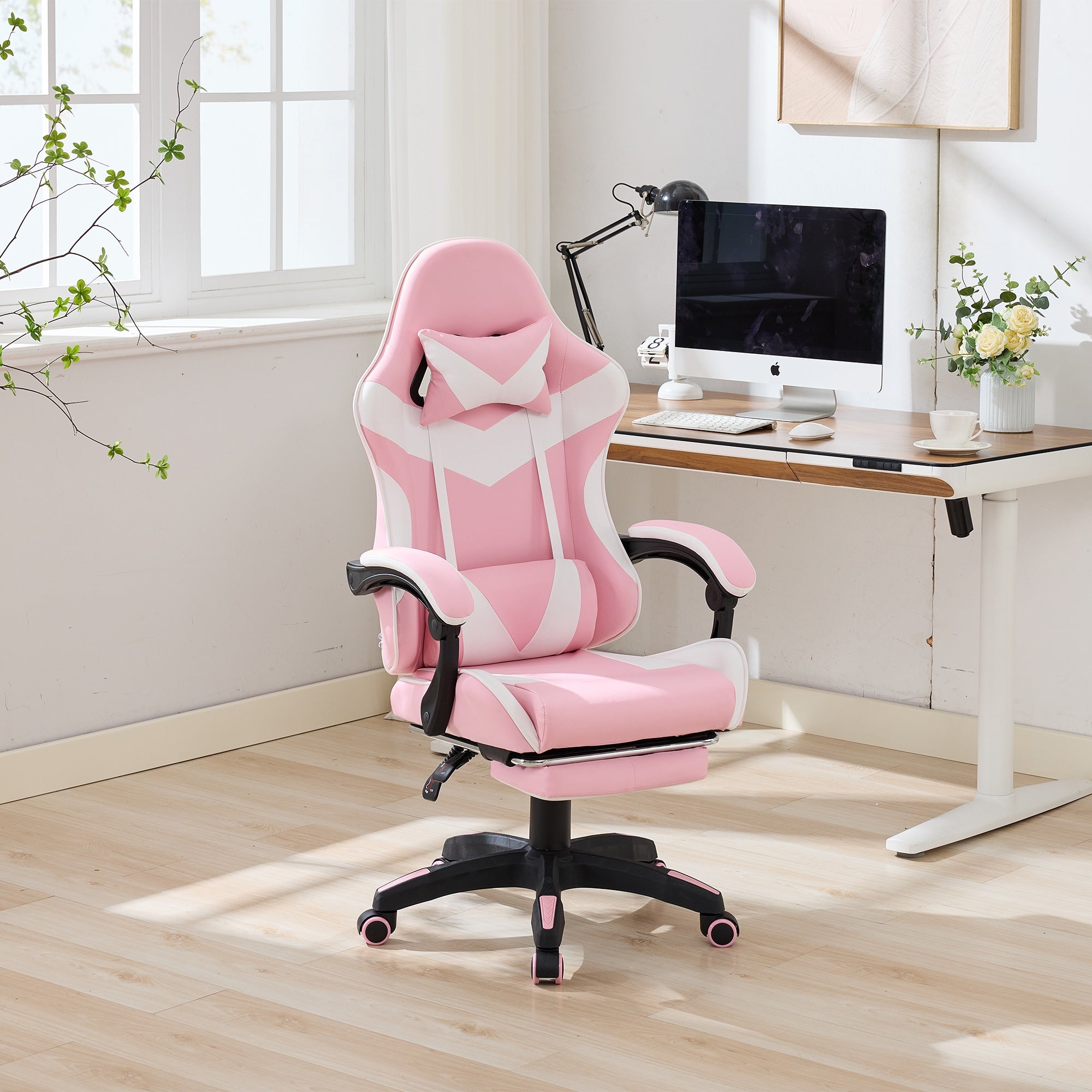 Gaming Chair Ergonomic Racing High-Back Swivel with Footrest & Lumbar Support Leather White & Pink