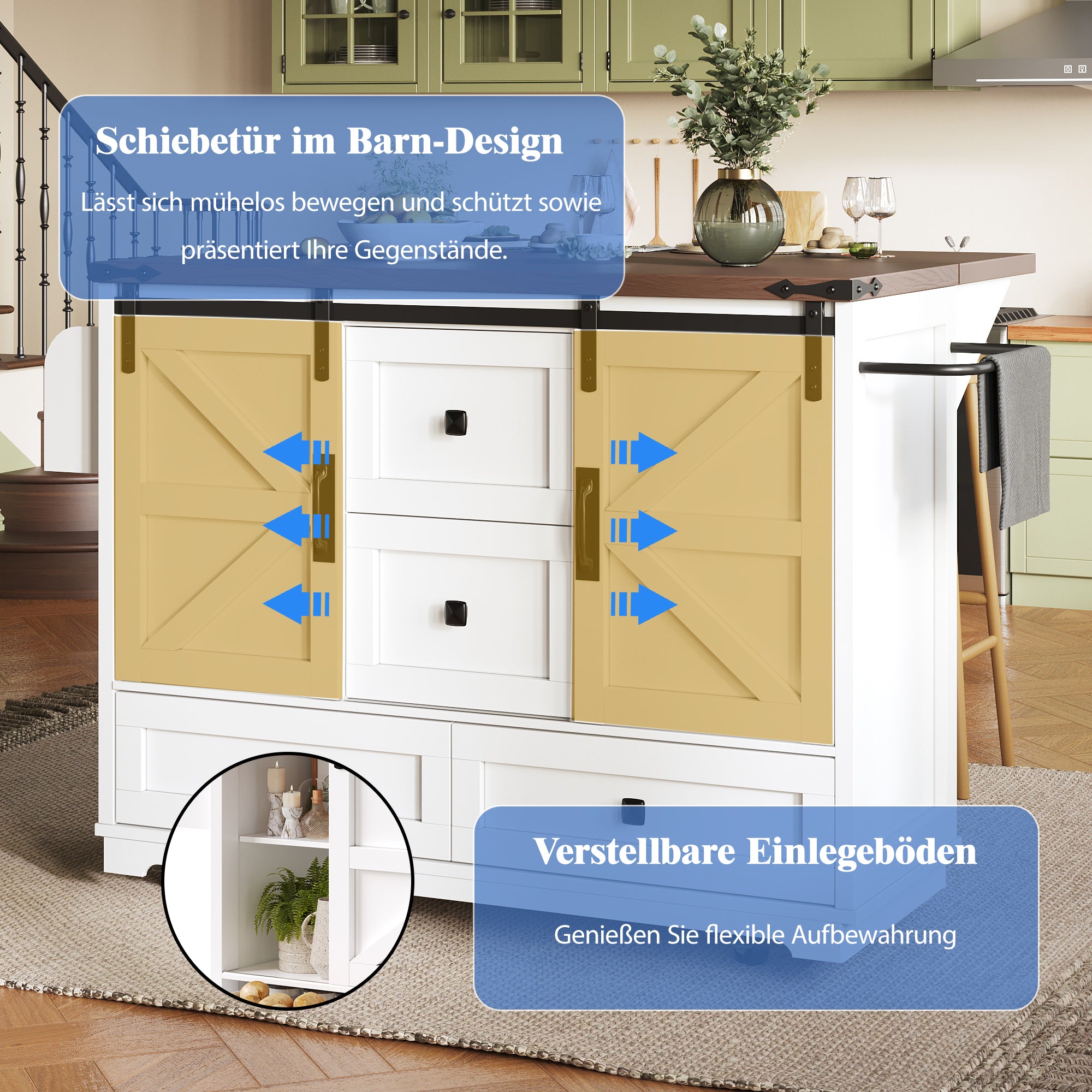 Kitchen Trolley Cart with Folding Table 3 Drawers & 2 Cabinet Doors