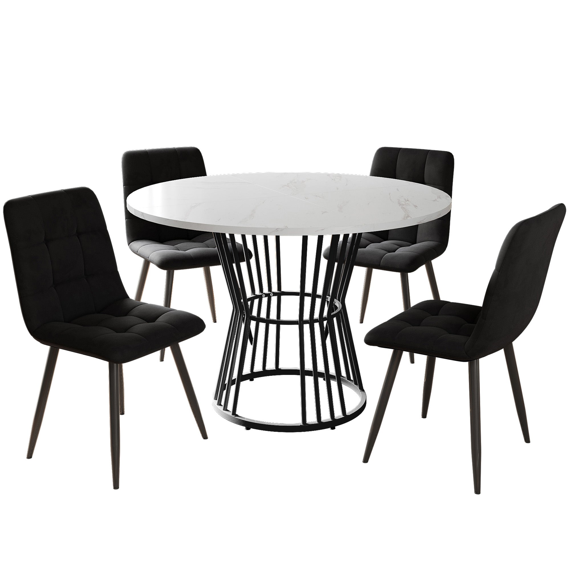 Dining Table Set 5-Piece Round 100cm Velvet Chairs - White/Black