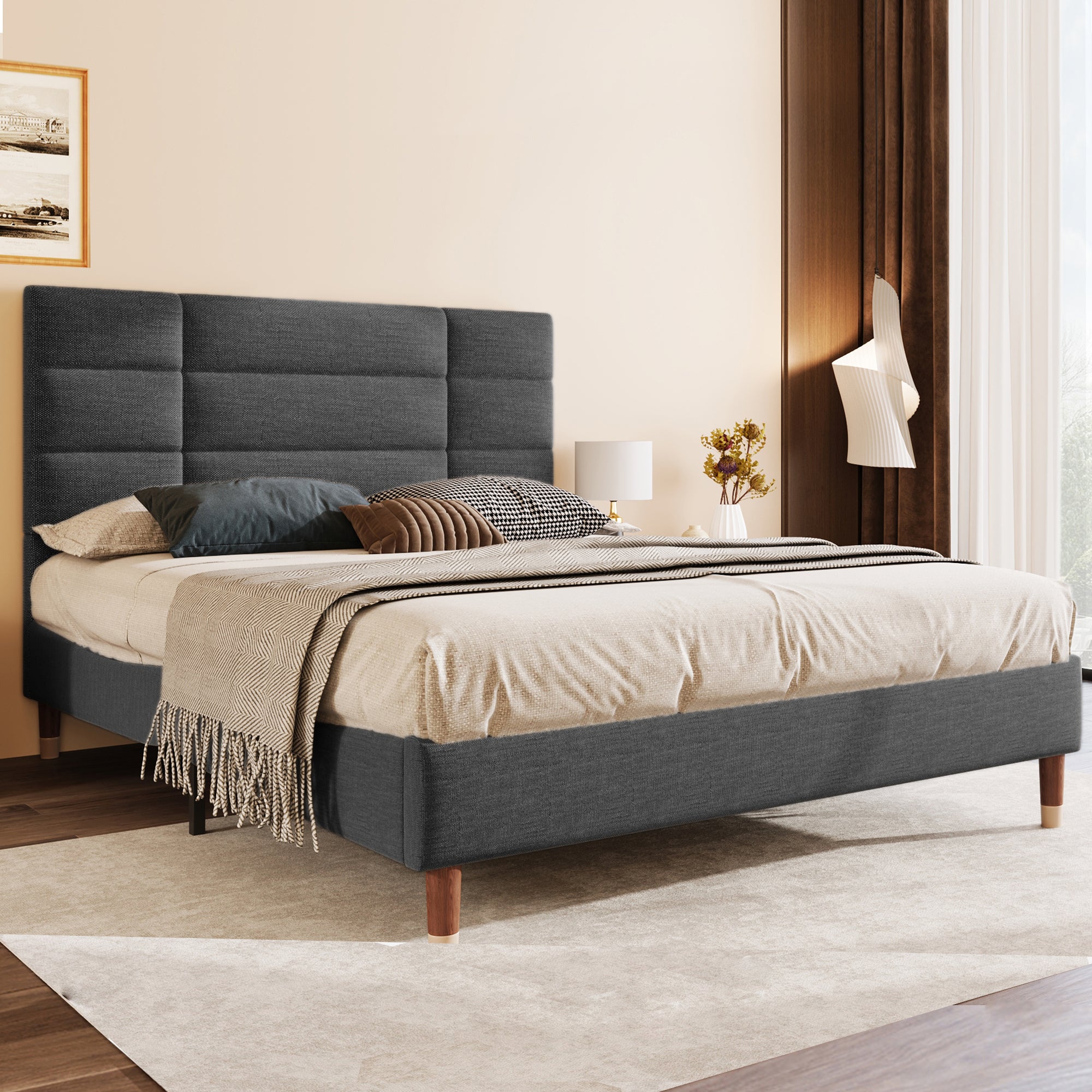 Upholstered bed, double bed with slatted frame 140x200cm, dark grey linen