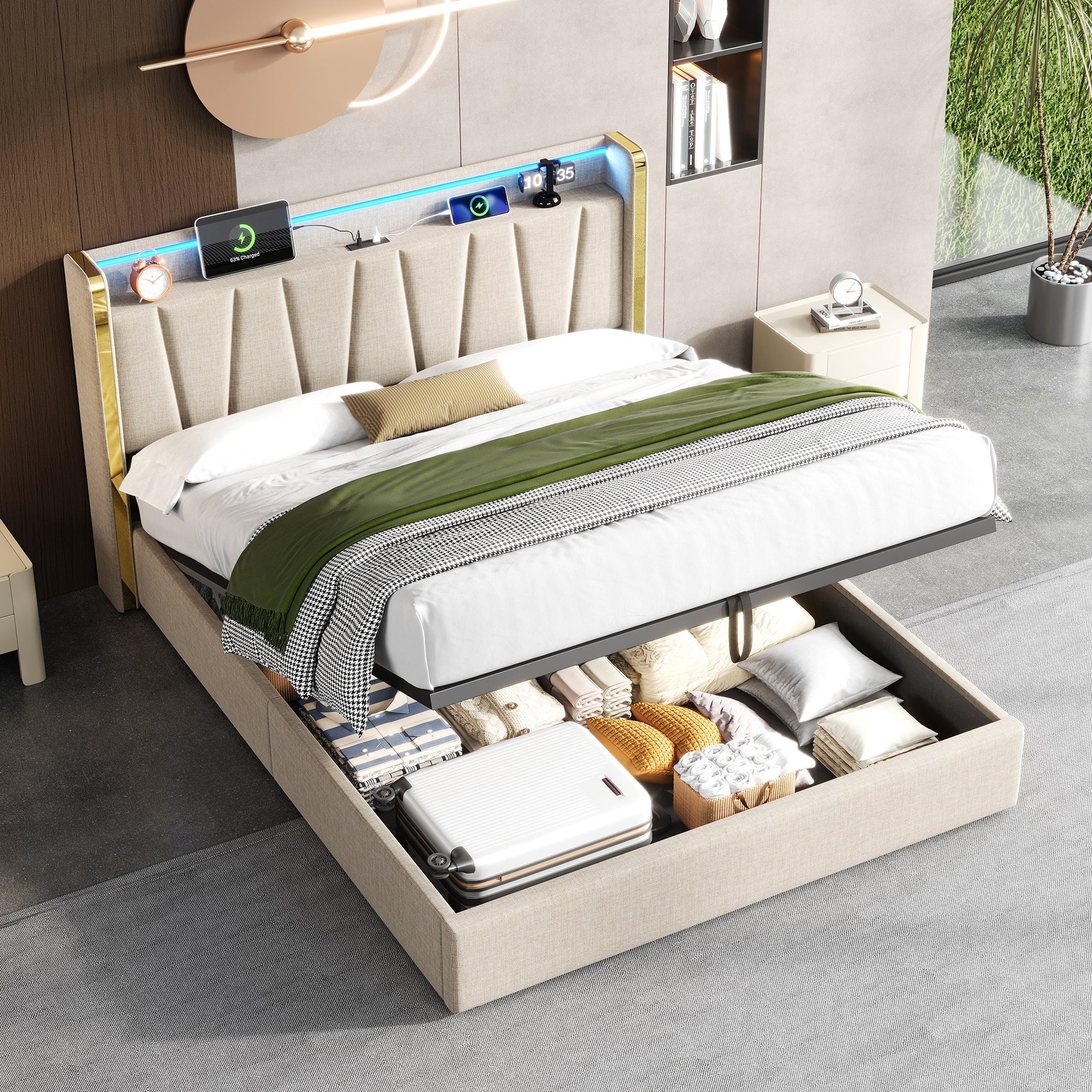 4ft6 Double Upholstered Bed Frame with Hydraulic Storage, LED Headboard & Charging Station, Beige Linen