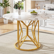 Round Dining Table 100cm Marbled MDF Geometric Metal Legs - Gold Accents
