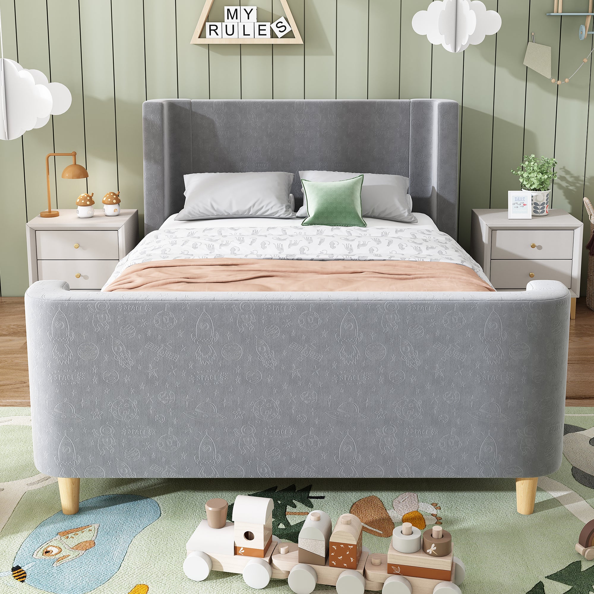 Children's Bed Upholstered Sleigh with Cosmic Pattern, 90x200cm, Grey Velvet
