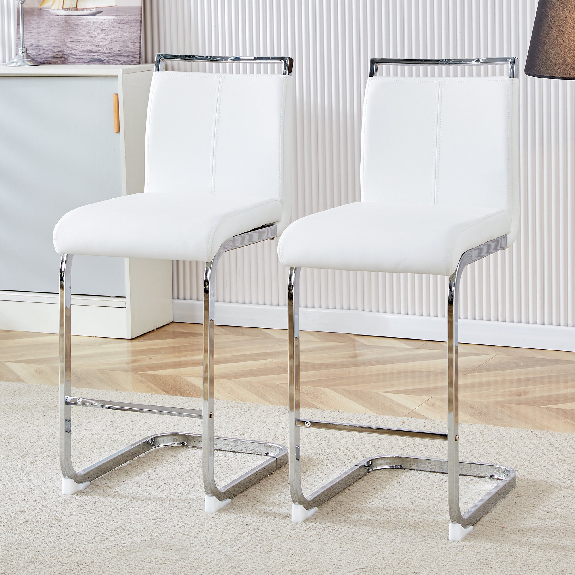 Bar Stools, Nordic Style 2-Piece Set, White Faux Leather/Silver Metal