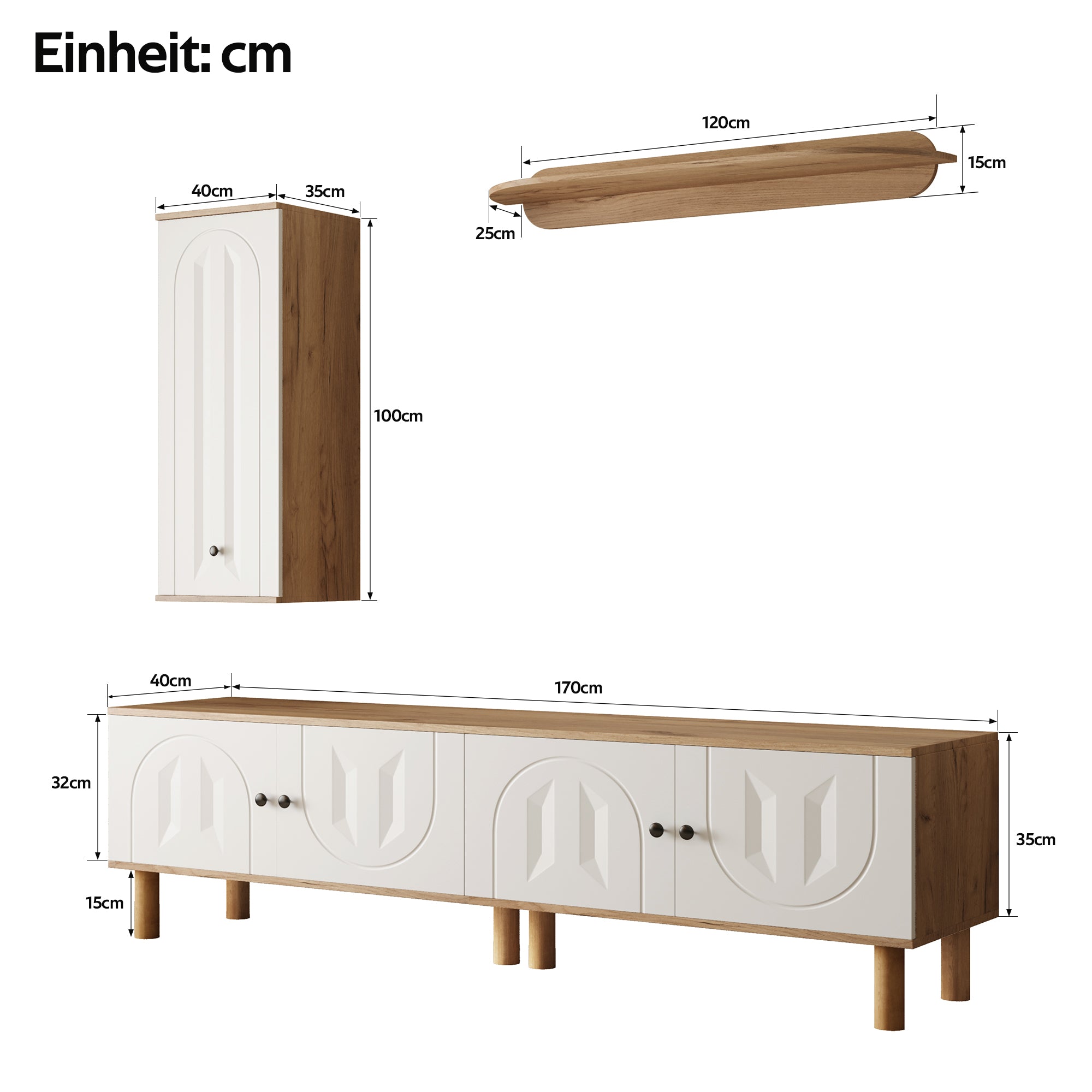 Wall Unit, Highboard Cabinets Shelf, White Wood