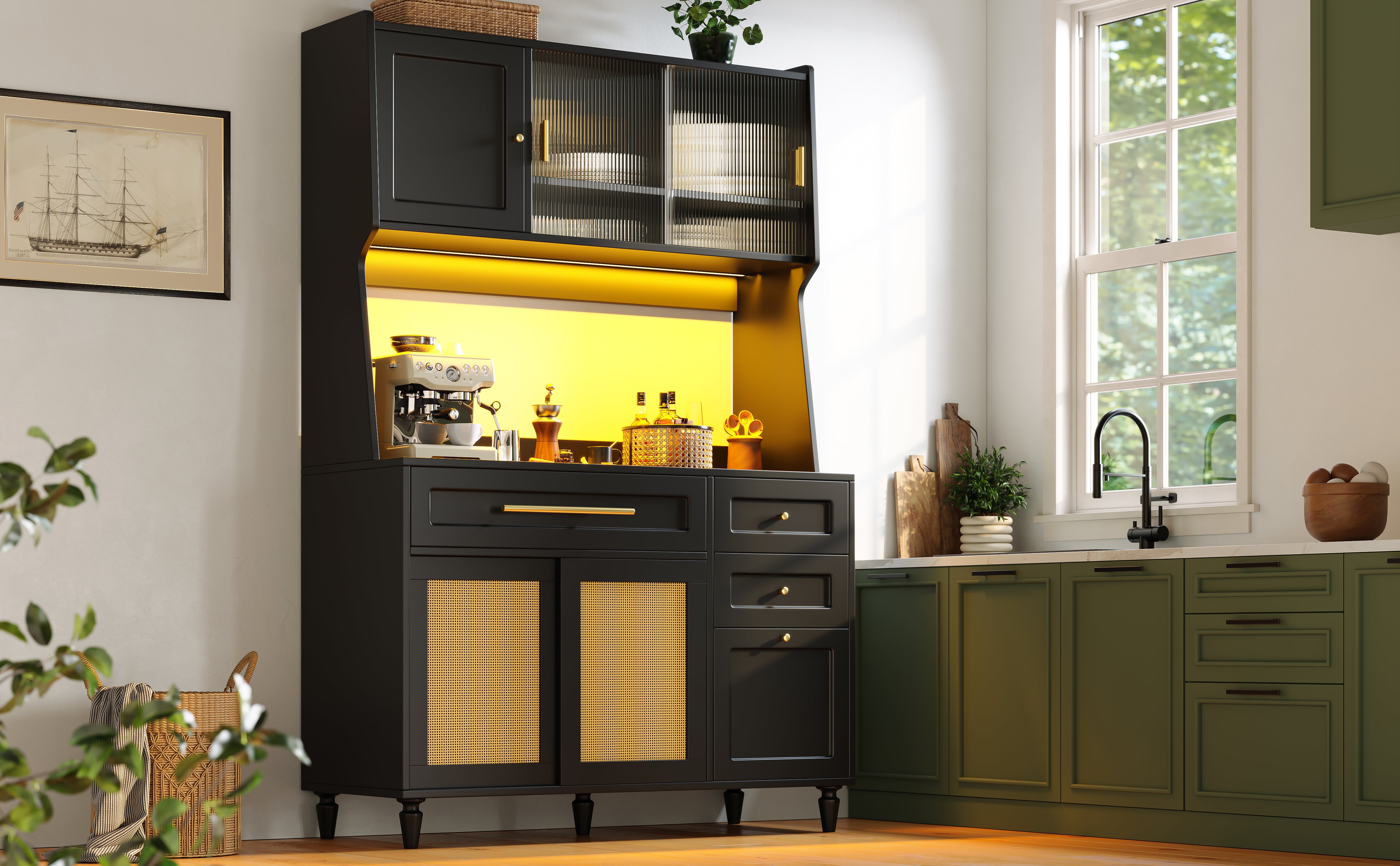 Tall Cabinet Buffet Display LED Rattan 3 Drawers - Black