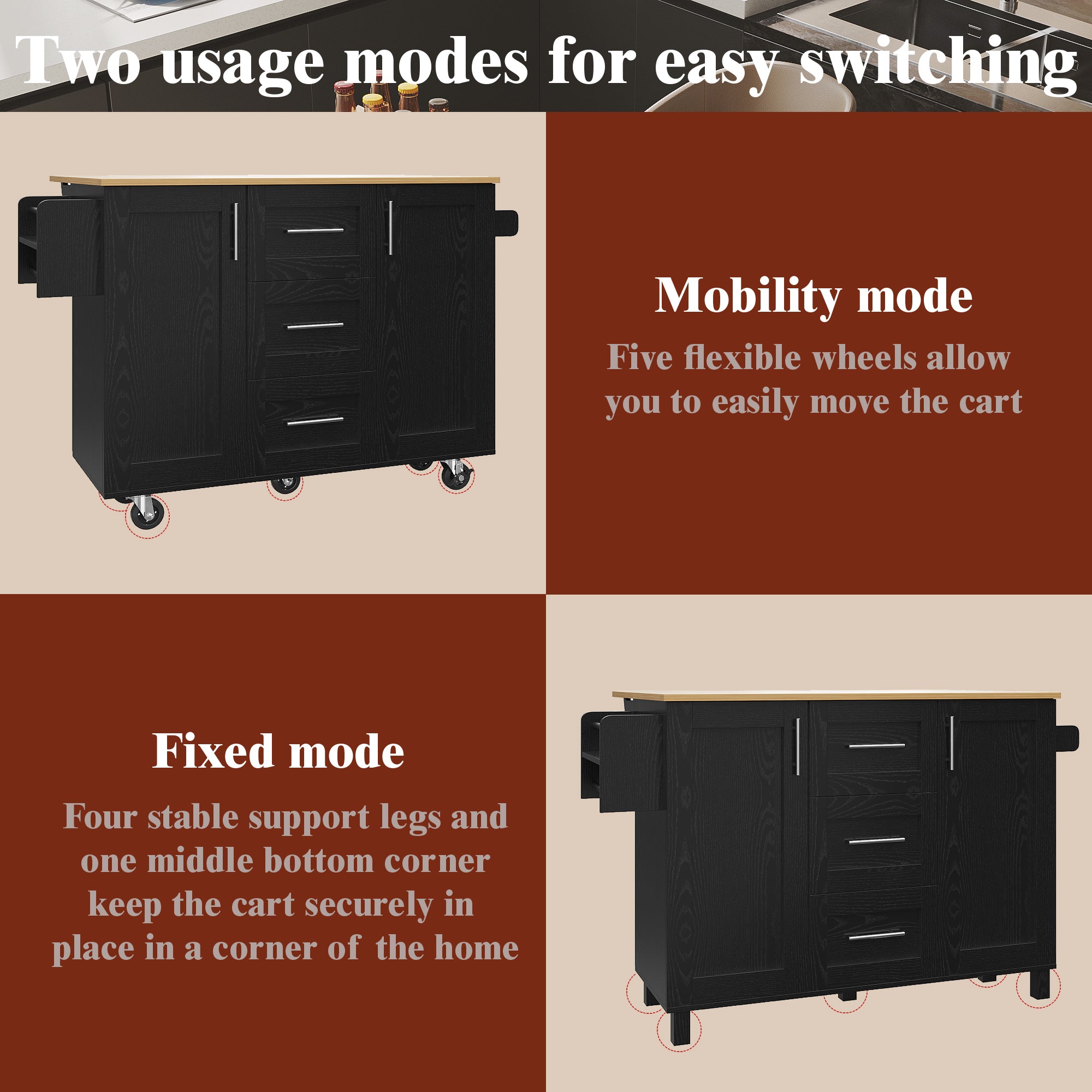 Kitchen Island Workbench Storage Removable Casters - Black