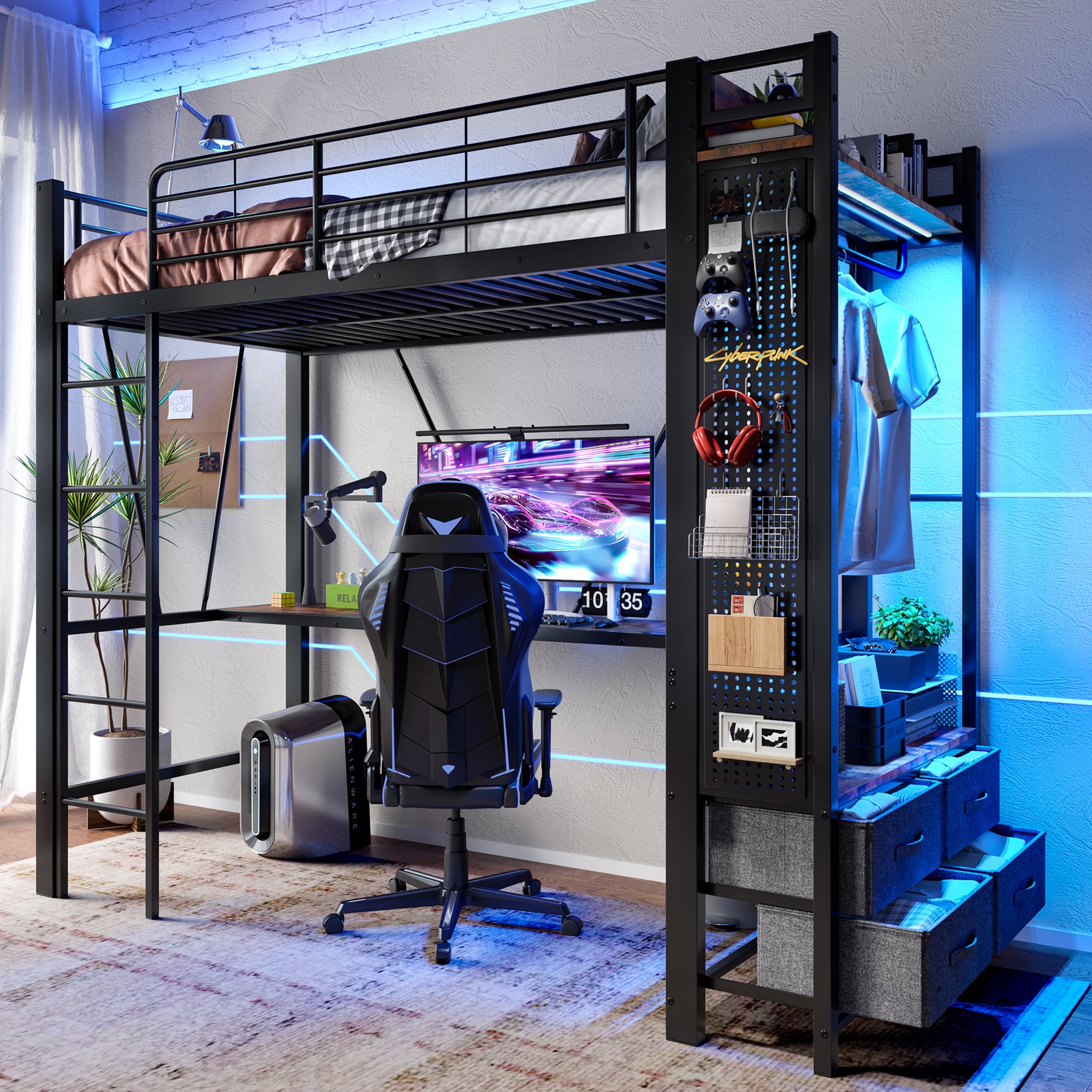 Loft Bed 90x200cm with Desk, Drying Rack, Storage, USB/Type-C & LED - Black Iron Frame