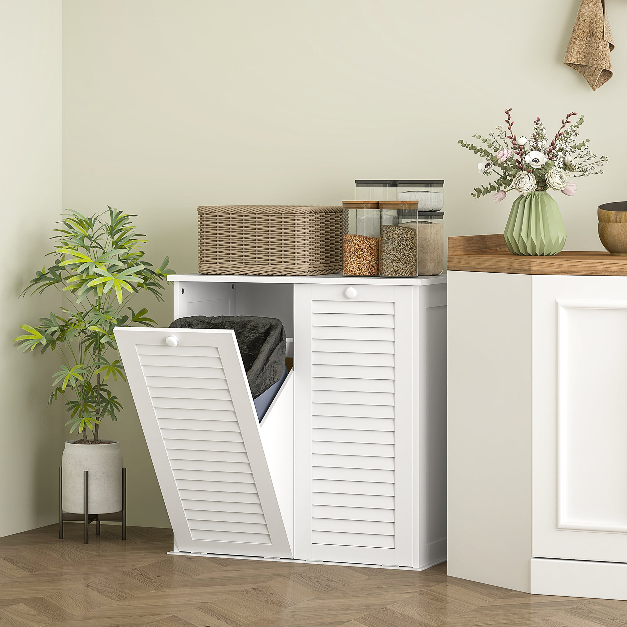 Laundry Cabinet, 2 Baskets, Louvered Doors, White
