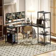 Desk L-Shaped Corner with 6 Shelves Monitor Stand USB Power Outlet, Black