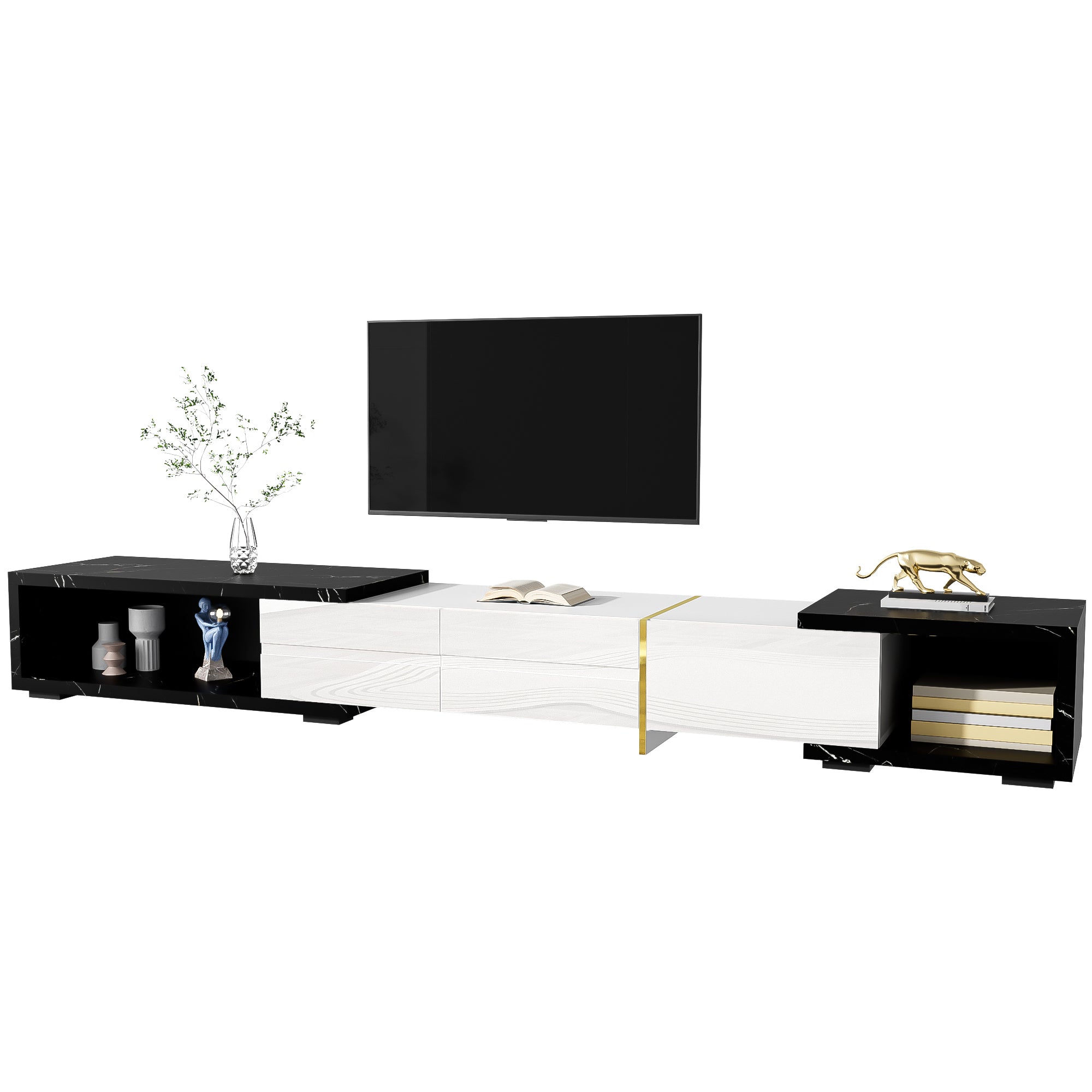 TV Cabinet, Adjustable Length (140-260 cm) Swivel, Black Marble, White High-Gloss Matte, Gold Trim