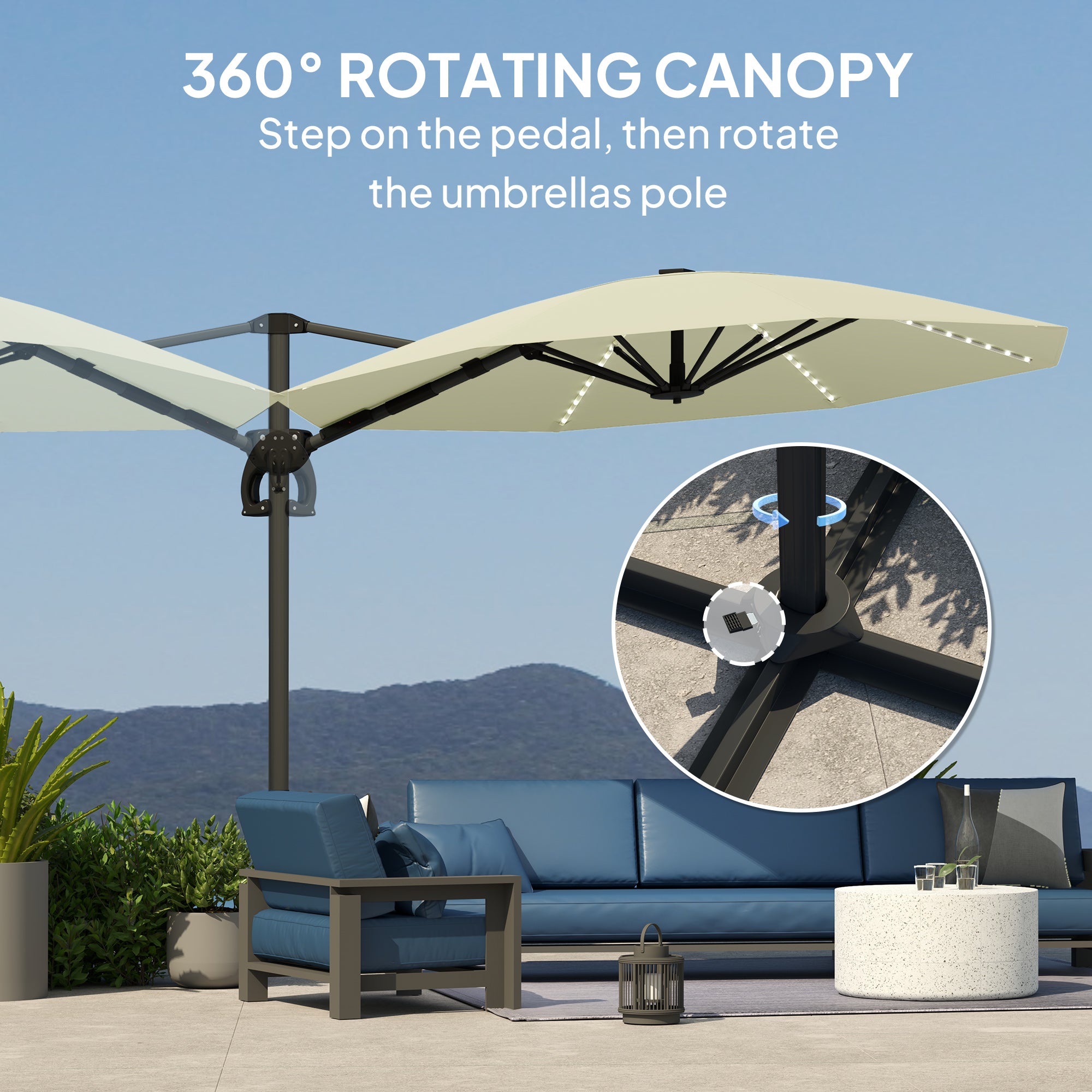Cantilever Garden Parasol with Solar Lights, 360° Rotation, Cream