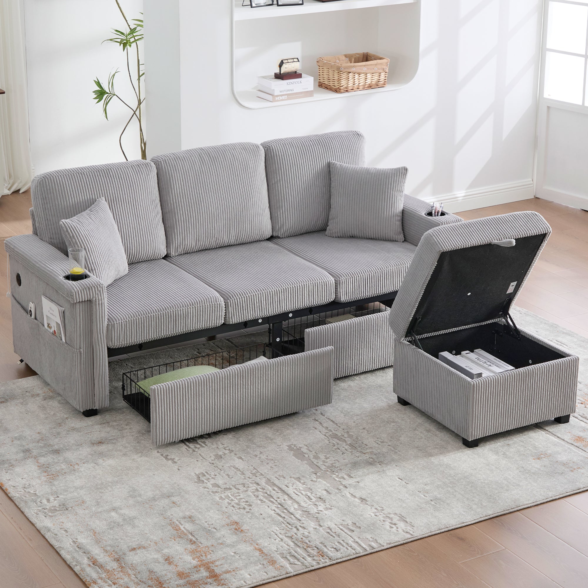 Velvet Sofa, LED, USB-C, Storage Ottoman, Cup Holders, Side Pockets - Light Gray