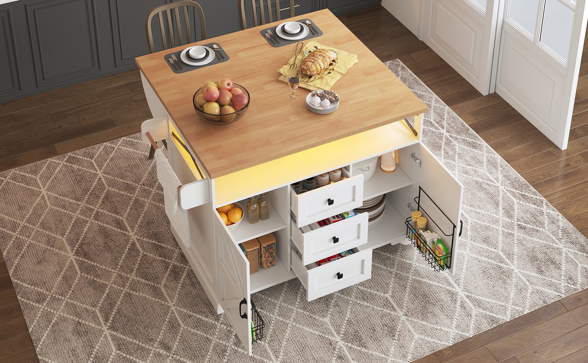 Kitchen Serving Trolley Folding Table LED Storage Cabinet - Mobile Island