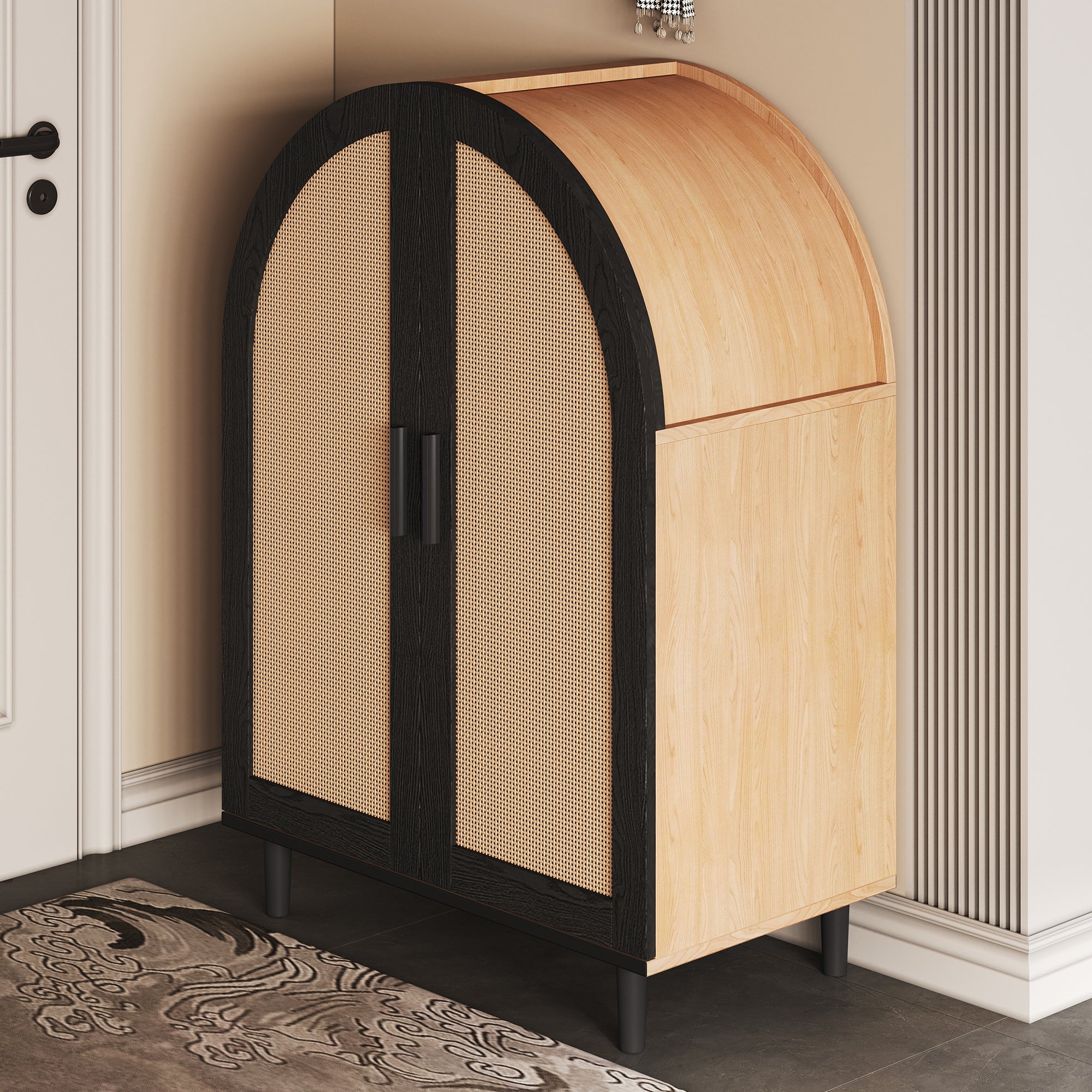 Elegant Sideboard/Shoe Cabinet, Rounded Exterior, Rattan Doors, 3 Shelves