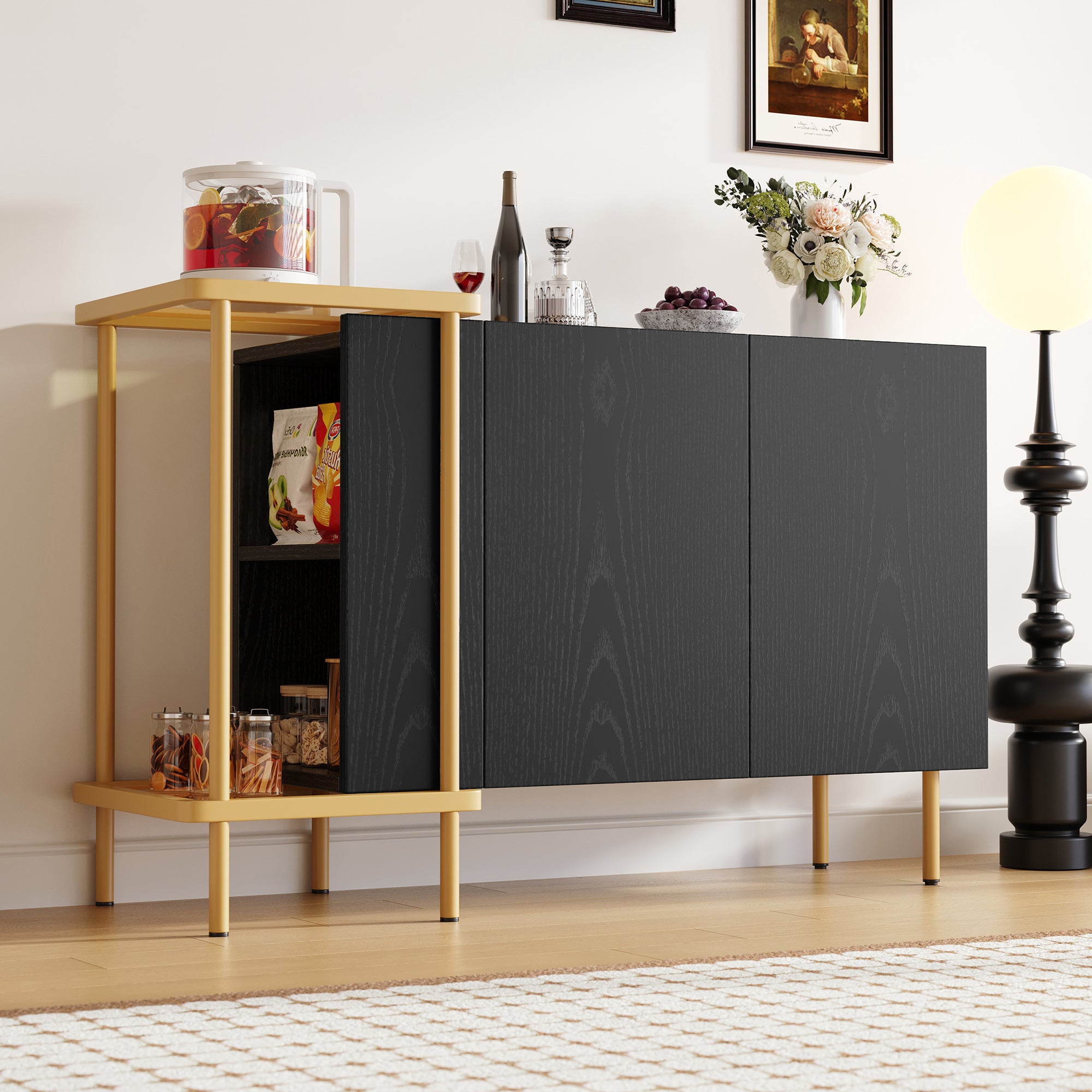 Sideboard Cabinet, 2 Doors & 2 Open Compartments, Metal/Glass, Black