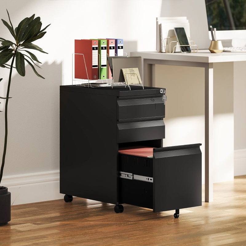 3-Drawer Filing Cabinet with Lock and Wheels - Black Steel