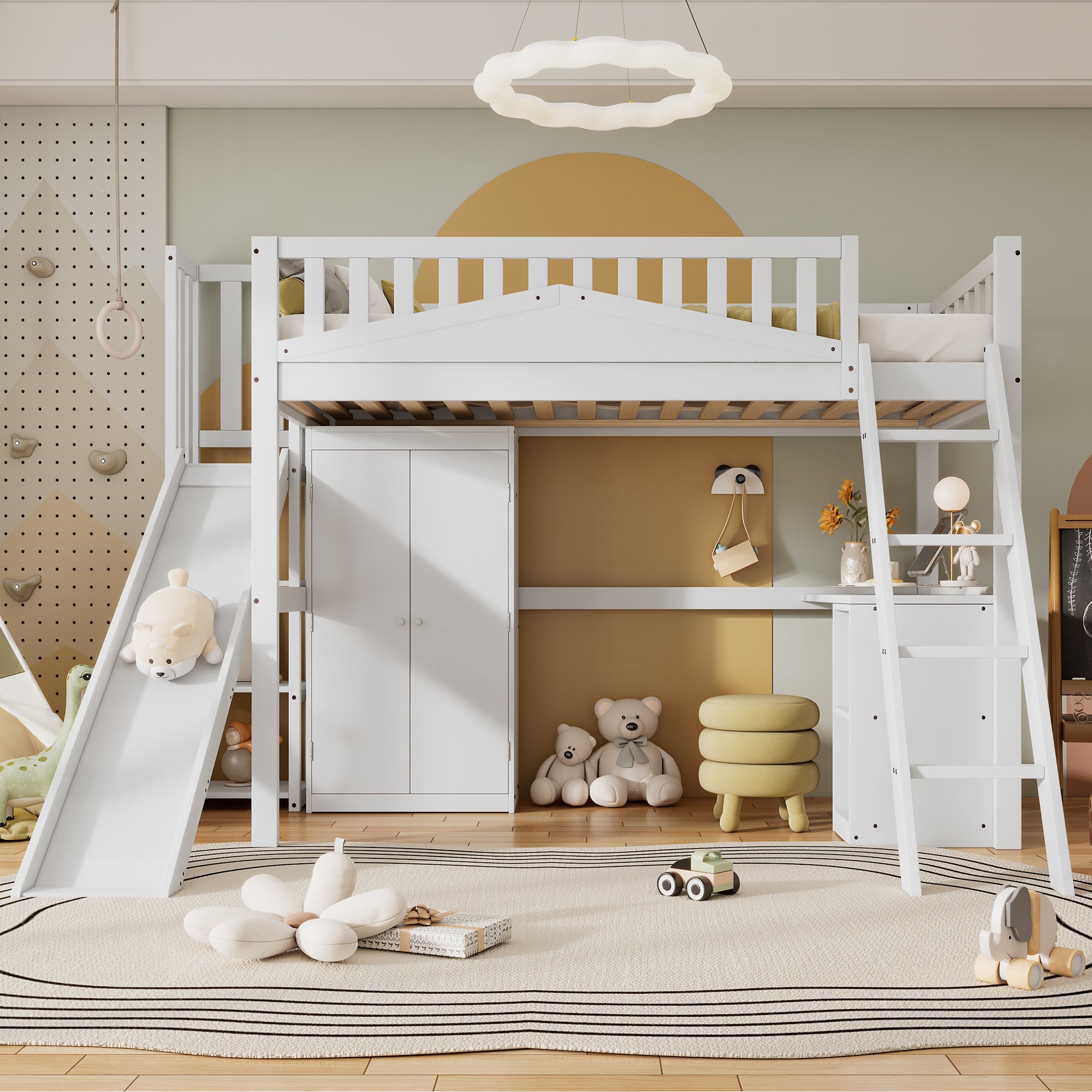 Bunk Bed, Children's with Safety Gate, Table, Wardrobe & Ladder, Pine+MDF+Plywood, White, 90x200cm