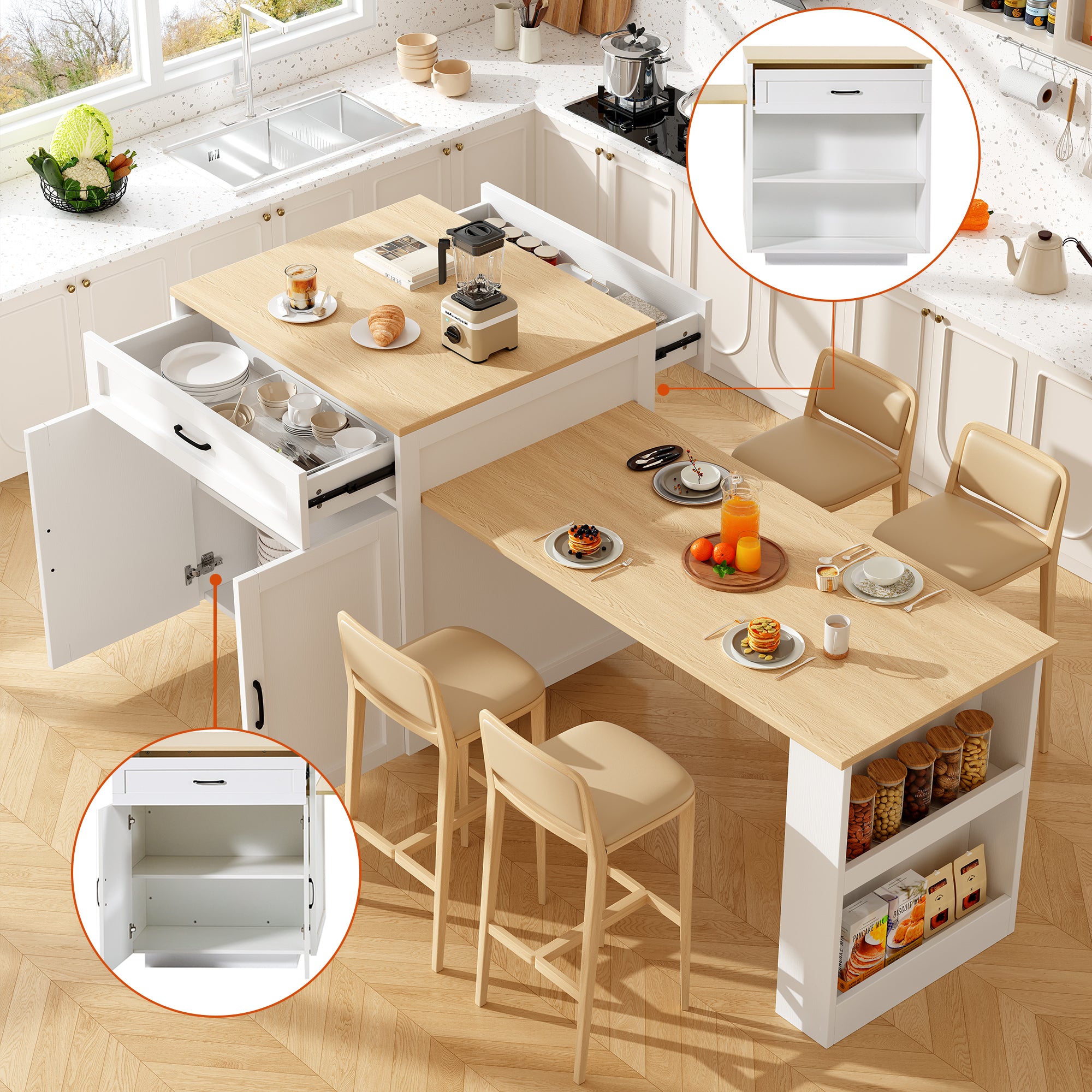 Extendable Bar Table Storage 2 Drawers Side Shelves - White