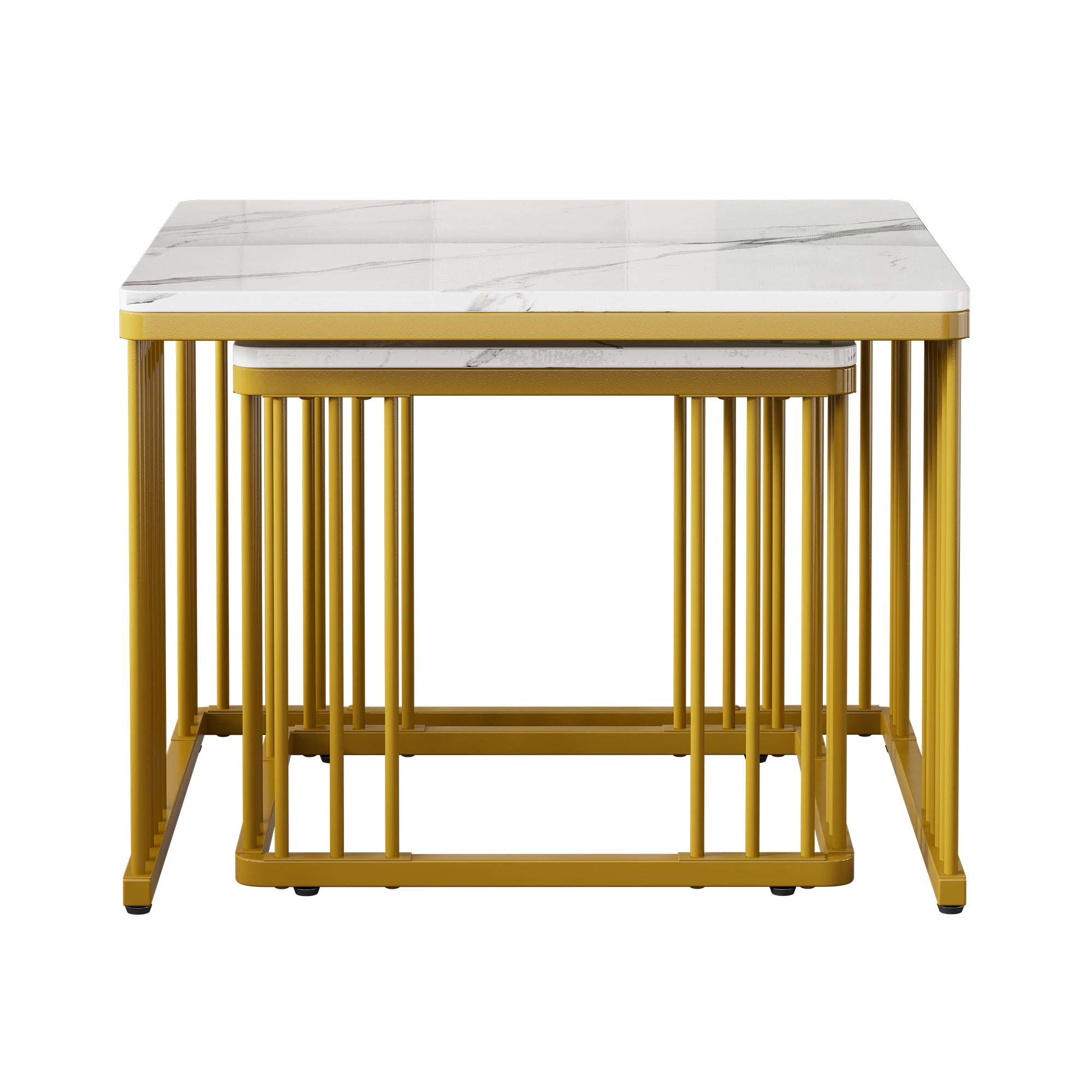 Nesting Coffee Tables Set of 2 Square Marble-Effect High-Gloss - Gold Legs