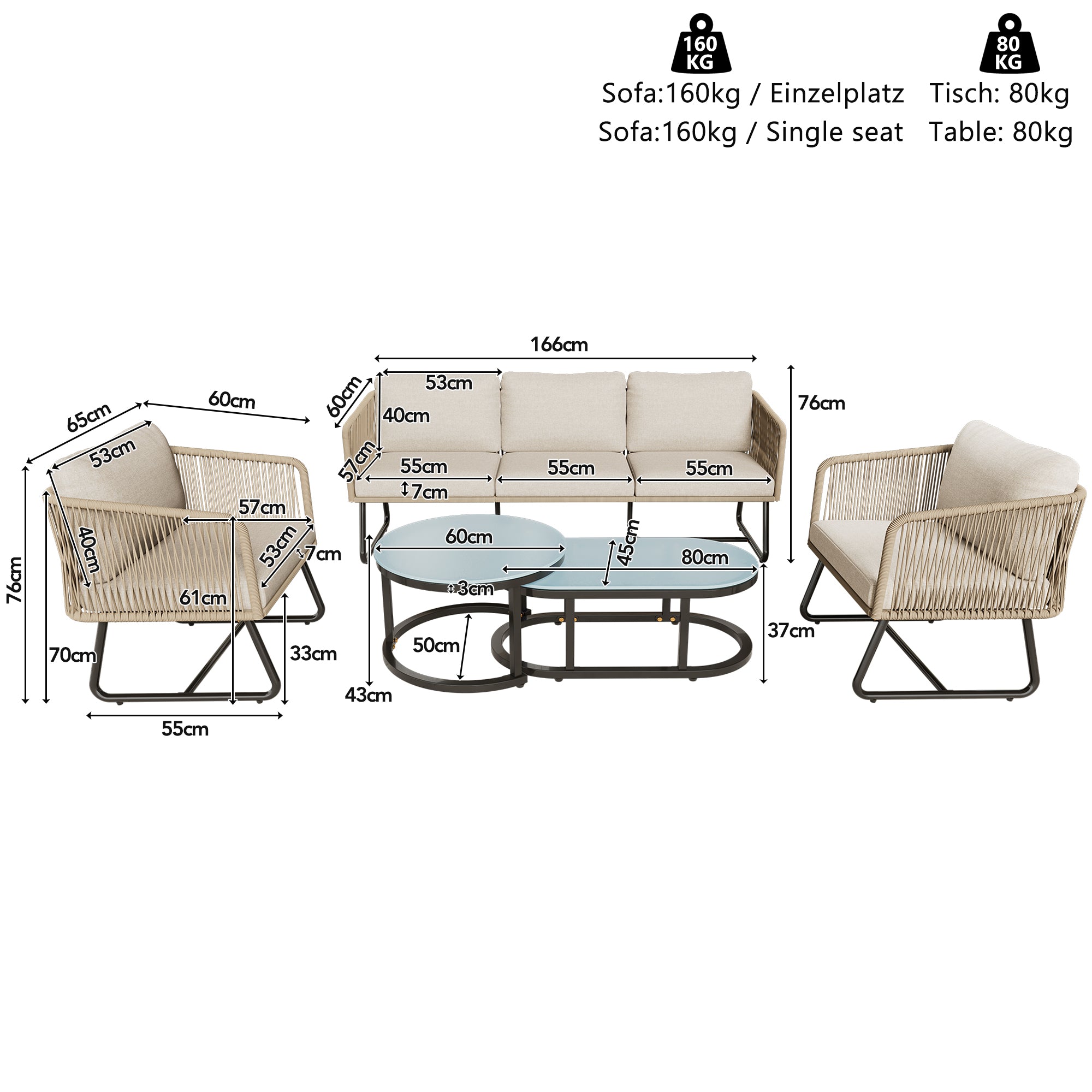 Garden Lounge Set 5-Piece Rope Galvanized Iron Frame Glass Tabletop - Beige
