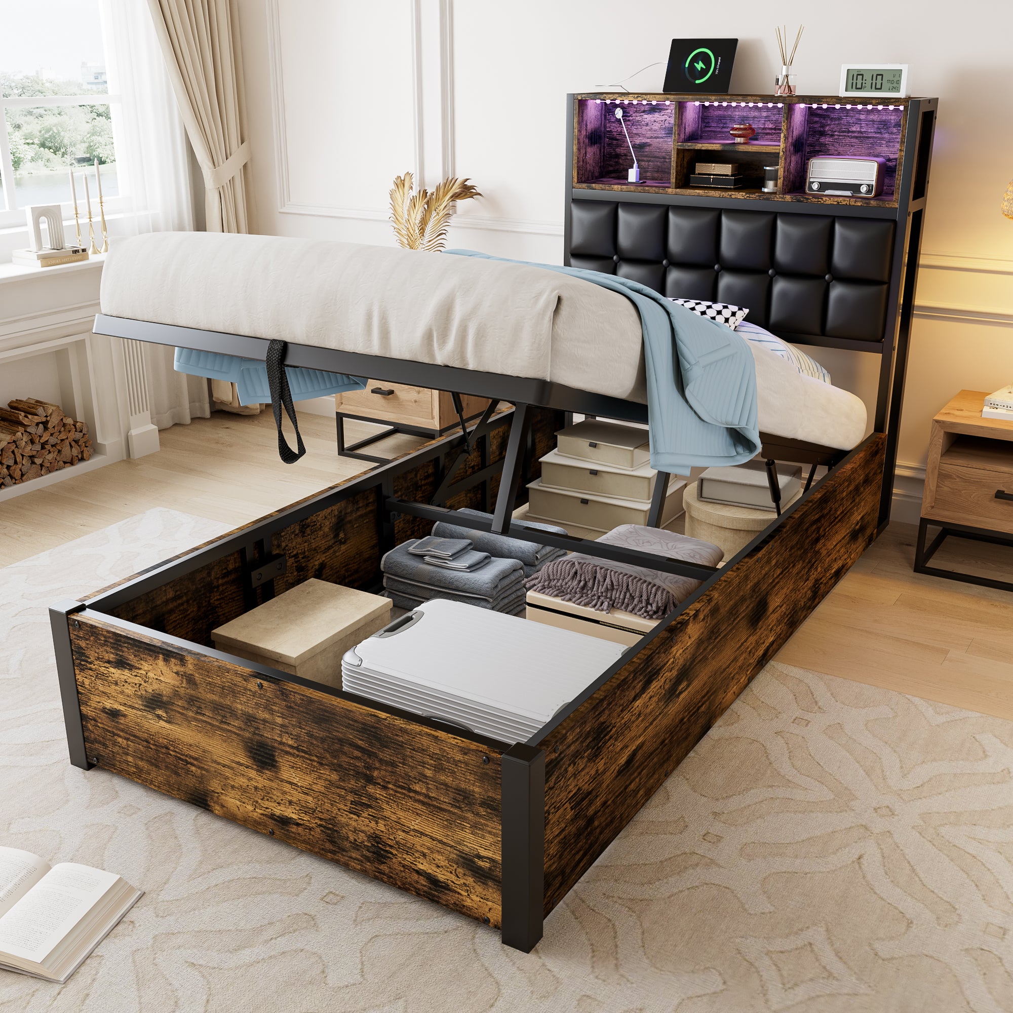 Hydraulic Metal Bed with Charging Port, LED Light, and Storage Headboard, Black + Wood