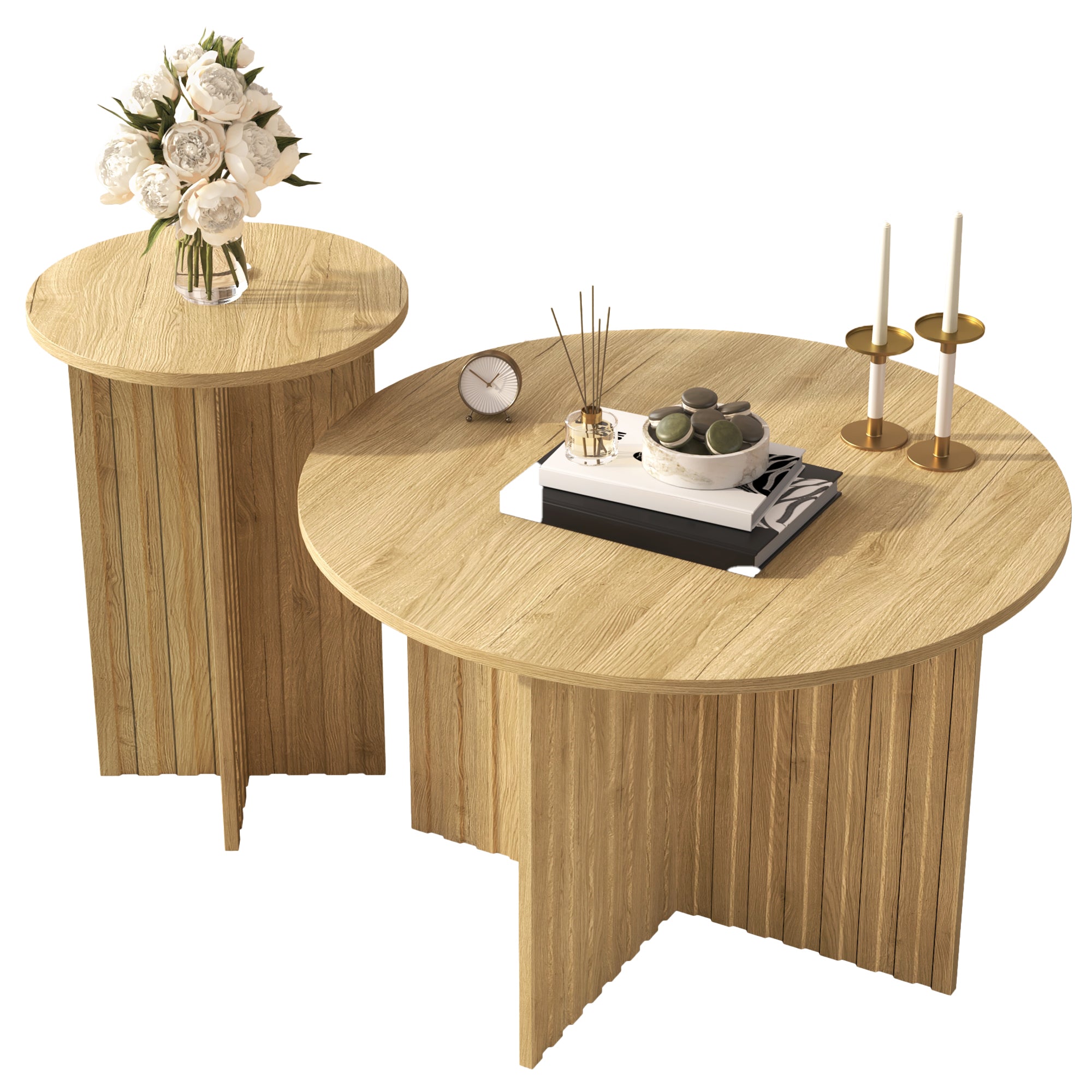 Modern Nesting Tables - 2-Piece Round Coffee Tables, Space-Saving Scandinavian Design, MDF/PB Construction