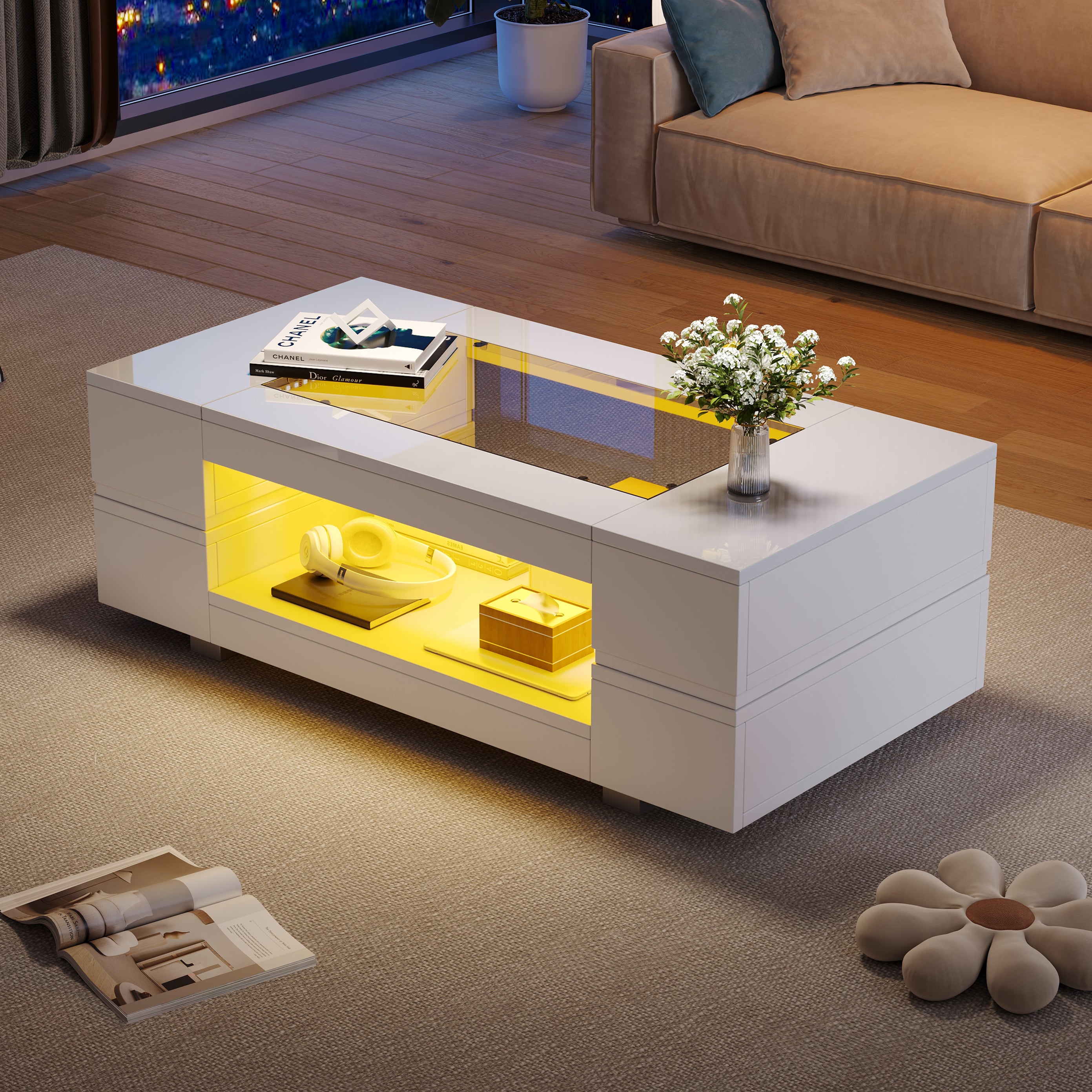 Hollow Coffee Table with Open Storage LED High Gloss Glass Top, White MDF+Glass