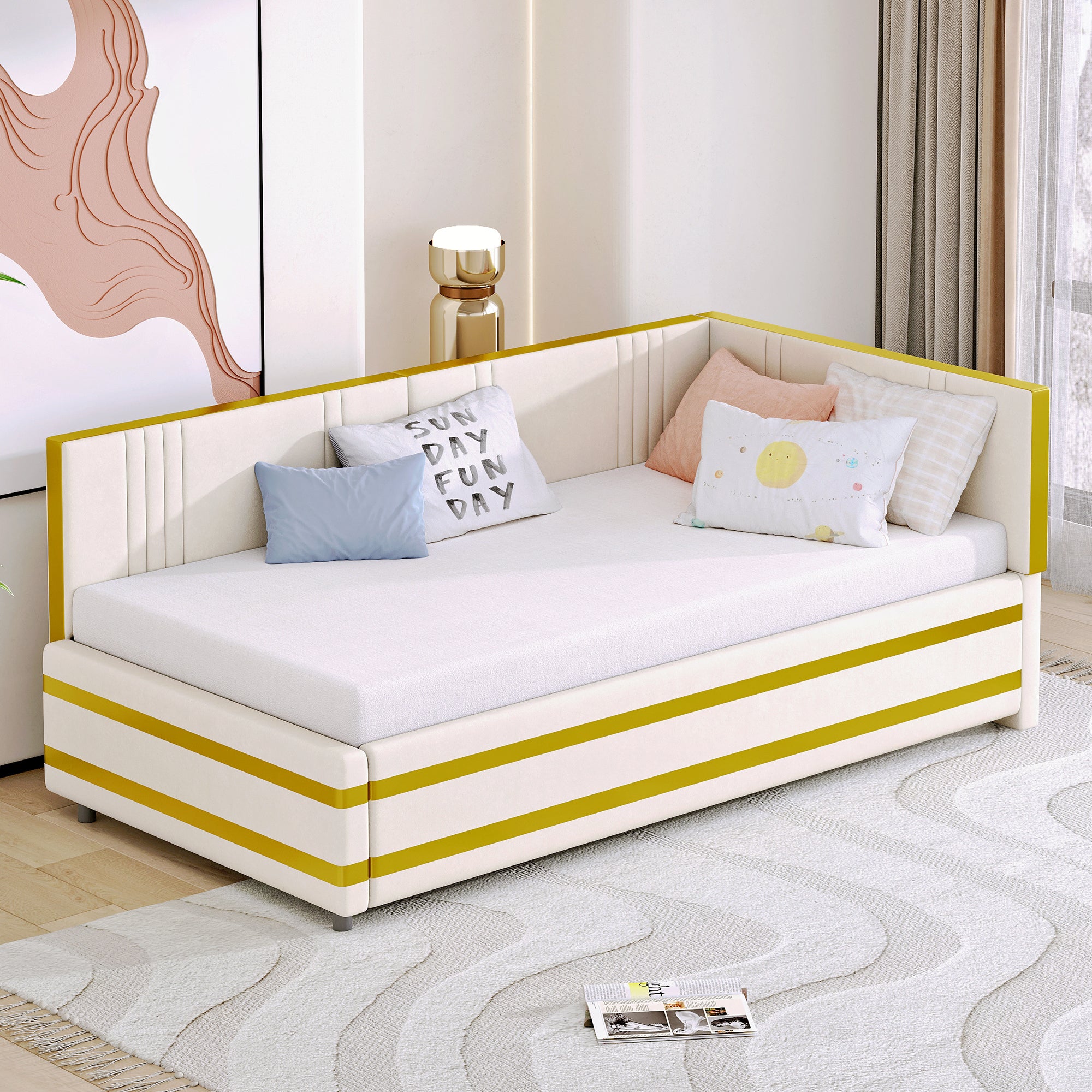 Upholstered Bed Sofa Bed 90*200 Multifunctional with Slatted Frame, Velvet Beige